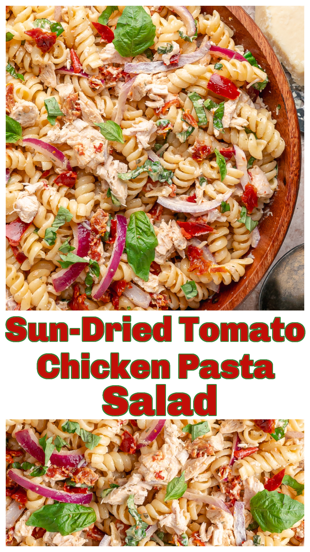 Sun-Dried Tomato Chicken Pasta Salad with rotisserie chicken, basil, Parmesan, roasted red peppers, and dressing made with oil from the sun-dried tomato jar. This cold pasta salad recipe is perfect for summer dinners, meal prep, cookouts, potlucks, lunches, and BBQ side dishes. A flavorful chicken pasta salad with Italian-inspired ingredients, fresh basil, lemon juice, red wine vinegar, and tender rotini pasta. Great make-ahead pasta salad recipe for warm weather meals and family gatherings. via @cmpollak1