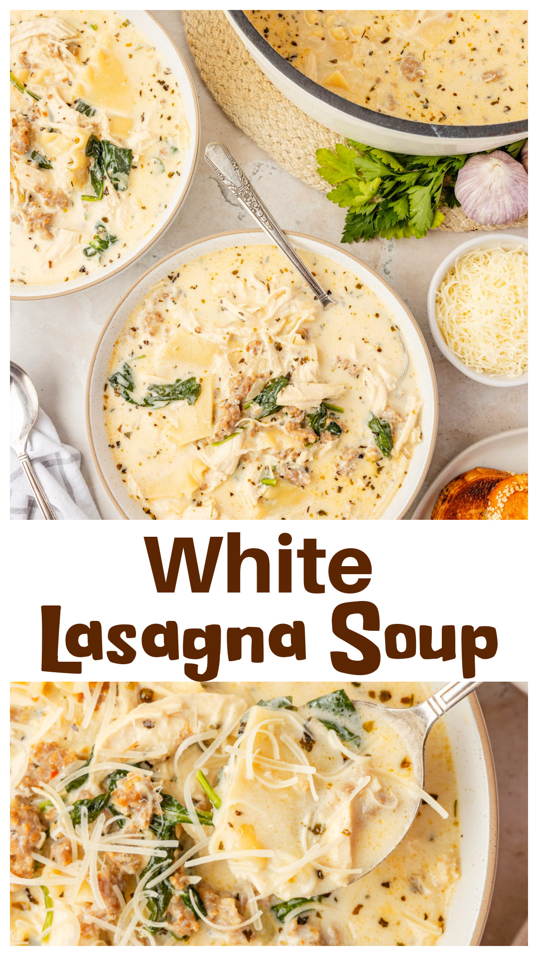 White Lasagna Soup turns everything good about creamy white lasagna into a rich soup loaded with sausage, shredded chicken, spinach, ricotta, mozzarella, Parmesan, and broken lasagna noodles. The cheeses melt directly into the broth while a little nutmeg gives it classic white lasagna flavor. This creamy lasagna soup recipe tastes like baked pasta without the layering and makes an easy dinner for cold nights, weekends, or comfort food cravings. via @cmpollak1