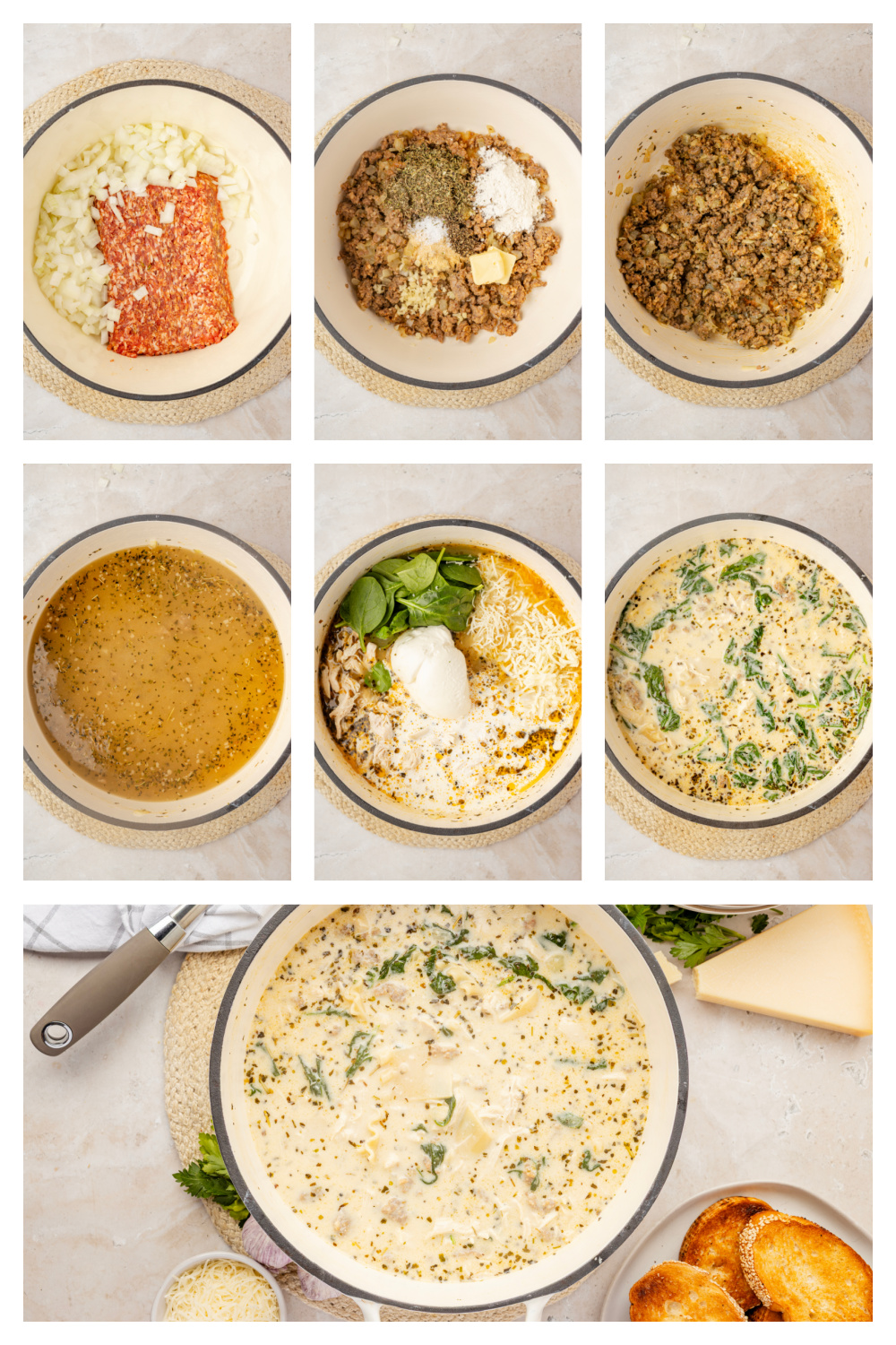 White Lasagna Soup process collage with sausage, ricotta, spinach, chicken, and lasagna noodles Process collage for White Lasagna Soup showing browned sausage, creamy broth, ricotta, spinach, chicken, and broken lasagna noodles during cooking