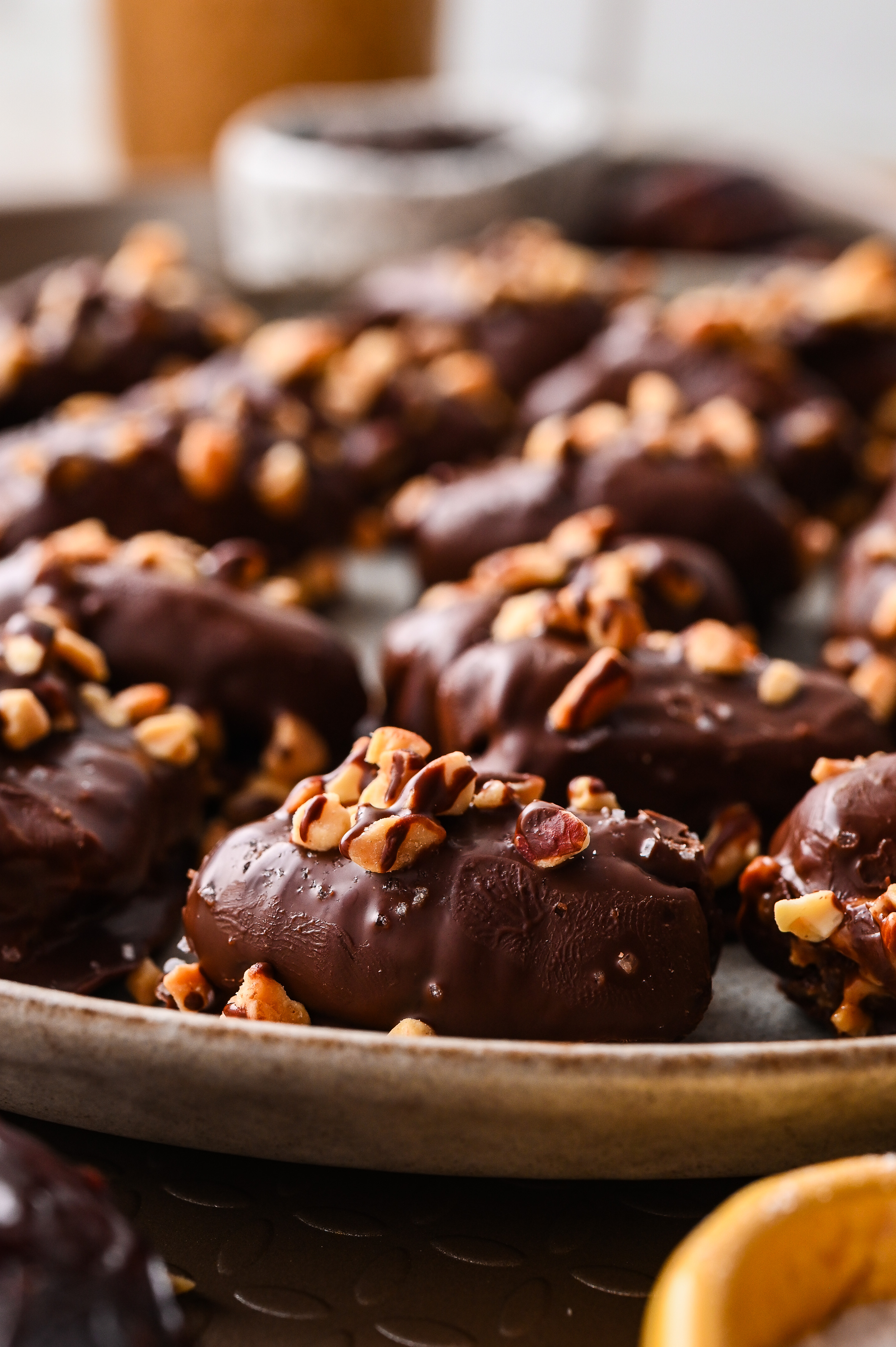 dates on a ceramic plate dates on a ceramic dish stuffed and covered in chocolate