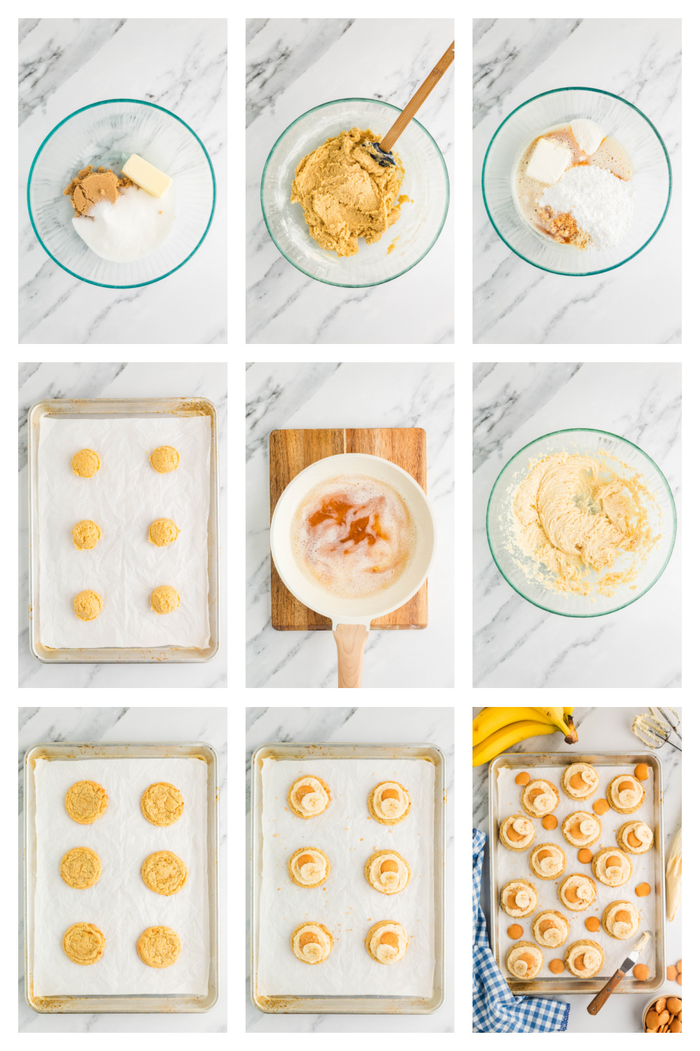 Process collage showing how to make banana pudding cookies, from mixing the dough to frosting the baked cookies.