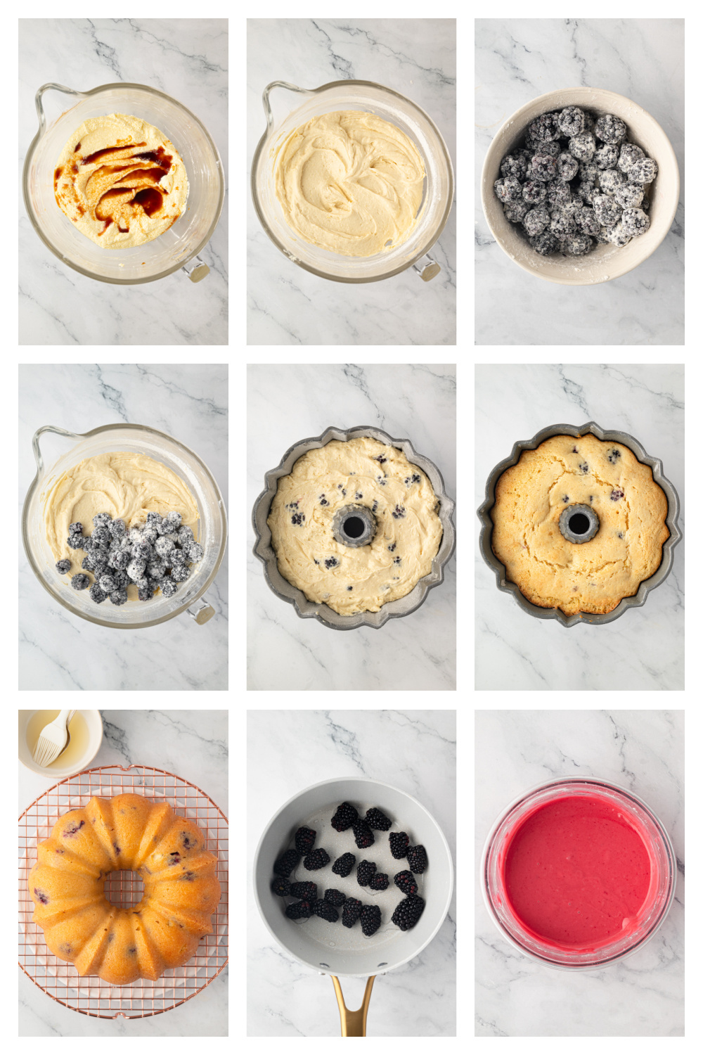 Key steps for making blackberry Bundt cake and fresh blackberry glaze Process collage showing steps for making blackberry Bundt cake from batter to finished cake