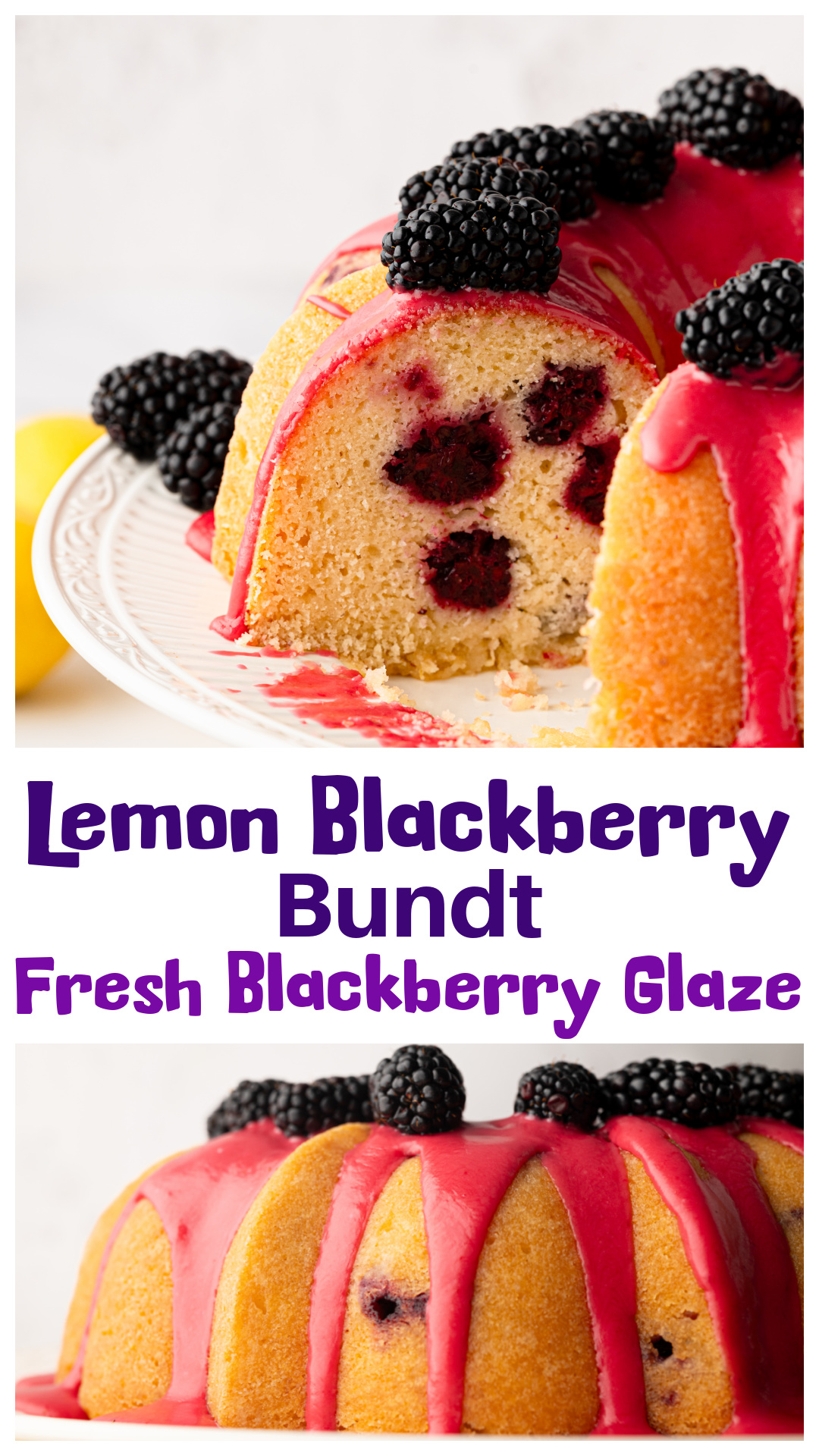 Sour Cream Lemon Blackberry Bundt Cake with Lemon Soak and Fresh Blackberry Glaze is packed with fresh blackberries, brushed with a lemon soak, and finished with a jewel-toned blackberry glaze. The sour cream keeps the cake tender while the blackberries create pockets of fruit throughout every slice. A beautiful summer Bundt cake recipe for brunches, holidays, birthdays, and berry season baking. via @cmpollak1