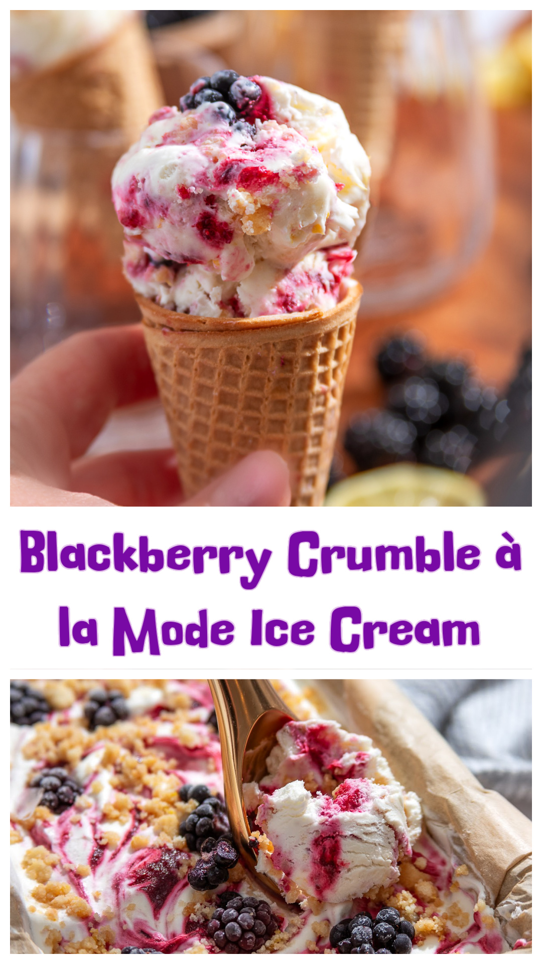 If you love blackberry crumble with a scoop of vanilla ice cream, this recipe combines both into one frozen dessert. Thick blackberry ribbons, buttery shortbread crumble, and fresh lemon are layered into a creamy no-churn ice cream that doesn't require an ice cream maker. The blackberry swirl is cooked until jam-like so it stays distinct in every scoop, making this an easy homemade blackberry ice cream that's perfect for summer gatherings, barbecues, or keeping in the freezer all season. via @cmpollak1