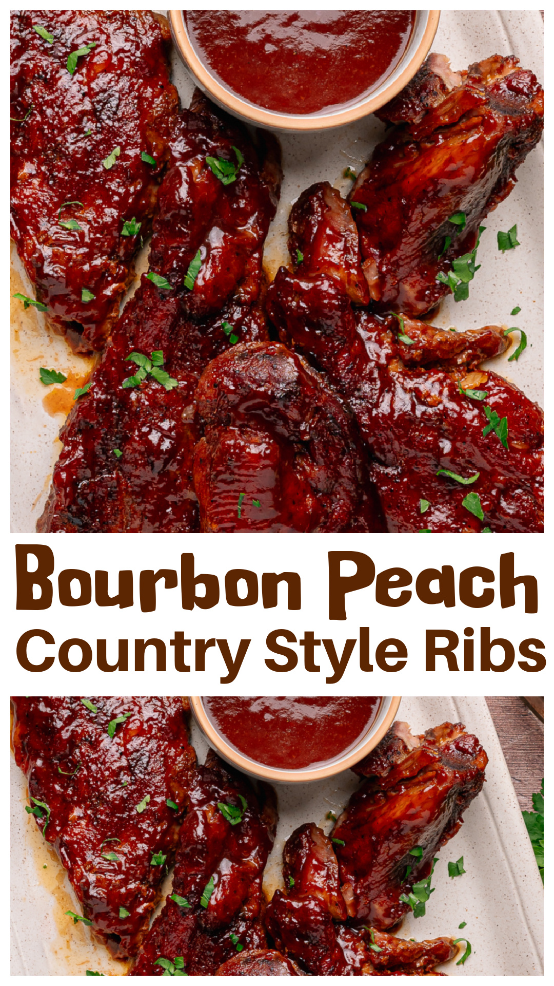 Bourbon Peach Country Style Ribs are baked low and slow until fork tender, then finished with a smooth peach bourbon barbecue glaze made from fresh peaches. The peaches are cooked, blended into the sauce, and used throughout the recipe for layers of flavor. Country style pork ribs stay juicy during the long bake, while the final high-heat finish creates a sticky, caramelized exterior. An easy oven-baked rib recipe perfect for Father's Day, summer dinners, and backyard gatherings. via @cmpollak1