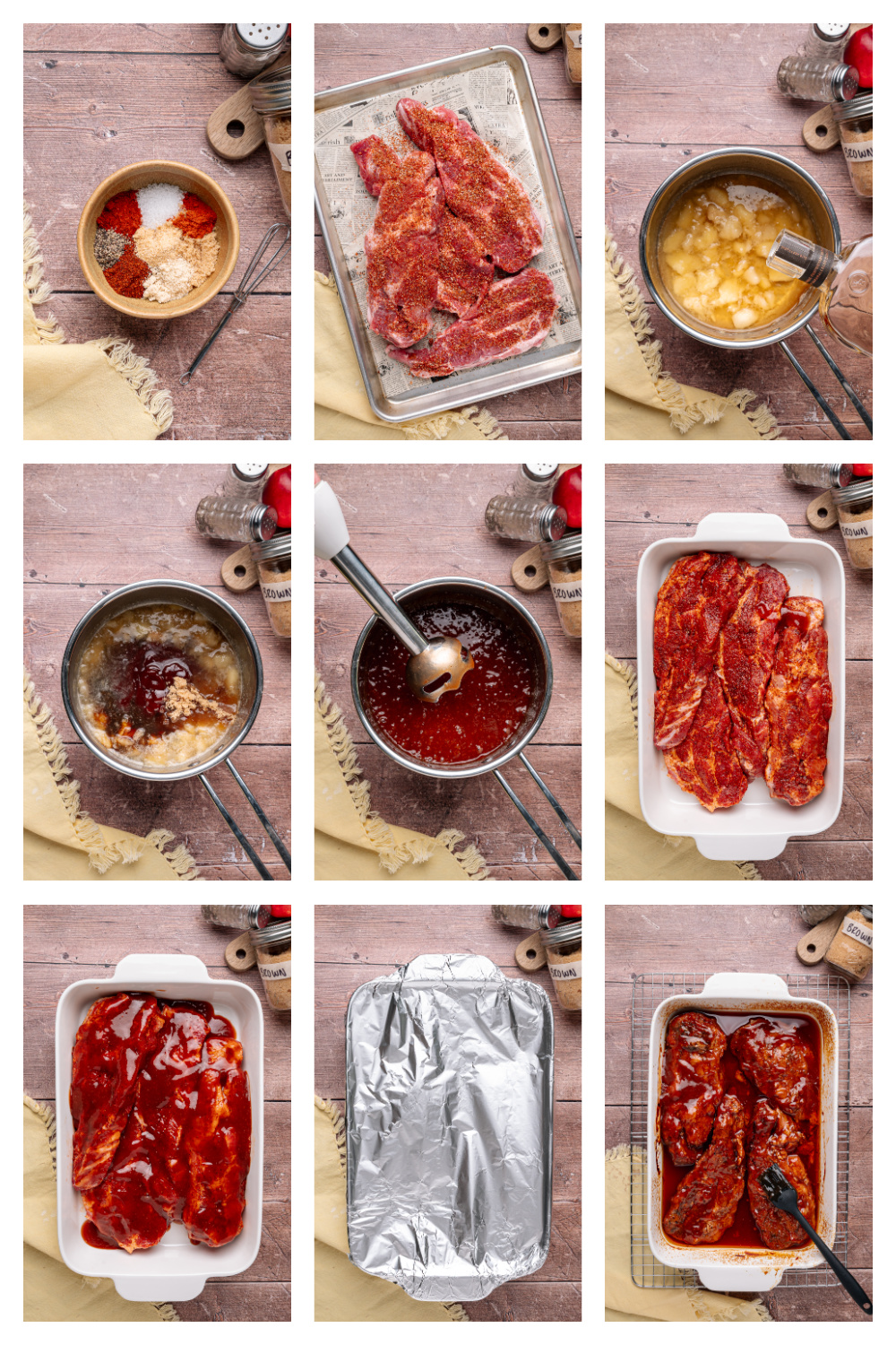 Step-by-step collage showing the process for making bourbon peach country style ribs, including seasoning, sauce preparation, glazing, and baking. Process collage showing how to make bourbon peach country style ribs from seasoning the meat to glazing and baking