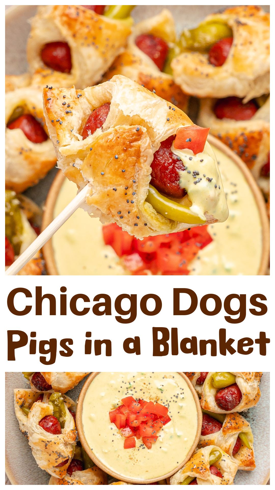 Chicago hot dog pigs in a blanket turn a fully loaded Chicago dog into a party-ready appetizer. Beef cocktail franks and sport peppers are wrapped in flaky puff pastry, baked until golden, and served with a creamy mustard relish dip inspired by the classic toppings. A fun game day appetizer, party snack, or finger food for anyone who loves Chicago dog flavors. via @cmpollak1