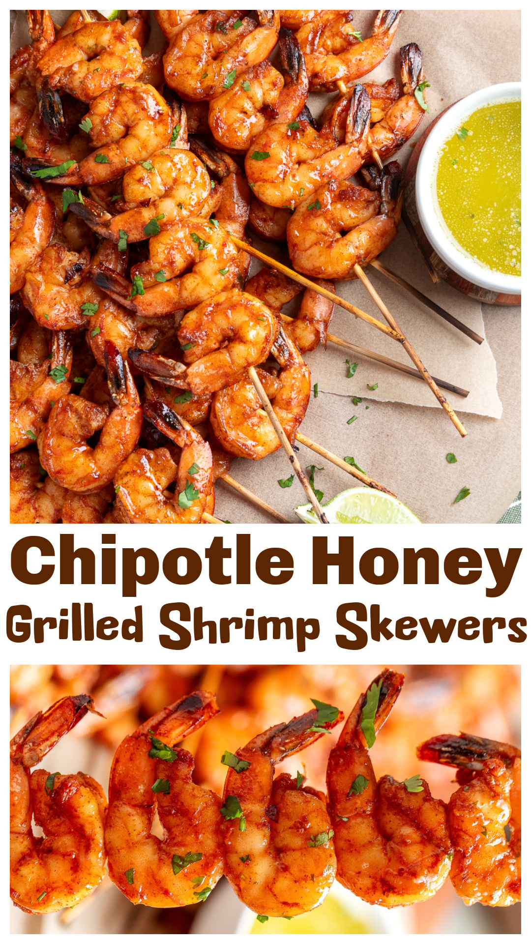 These chipotle honey grilled shrimp skewers are smoky, spicy, and just a little sweet thanks to a quick hot honey marinade. They grill in minutes and are served with fresh garlic lime butter on the side for dipping. An easy grilled shrimp recipe for summer entertaining, backyard cookouts, weeknight dinners, or serving as a crowd-pleasing appetizer. via @cmpollak1