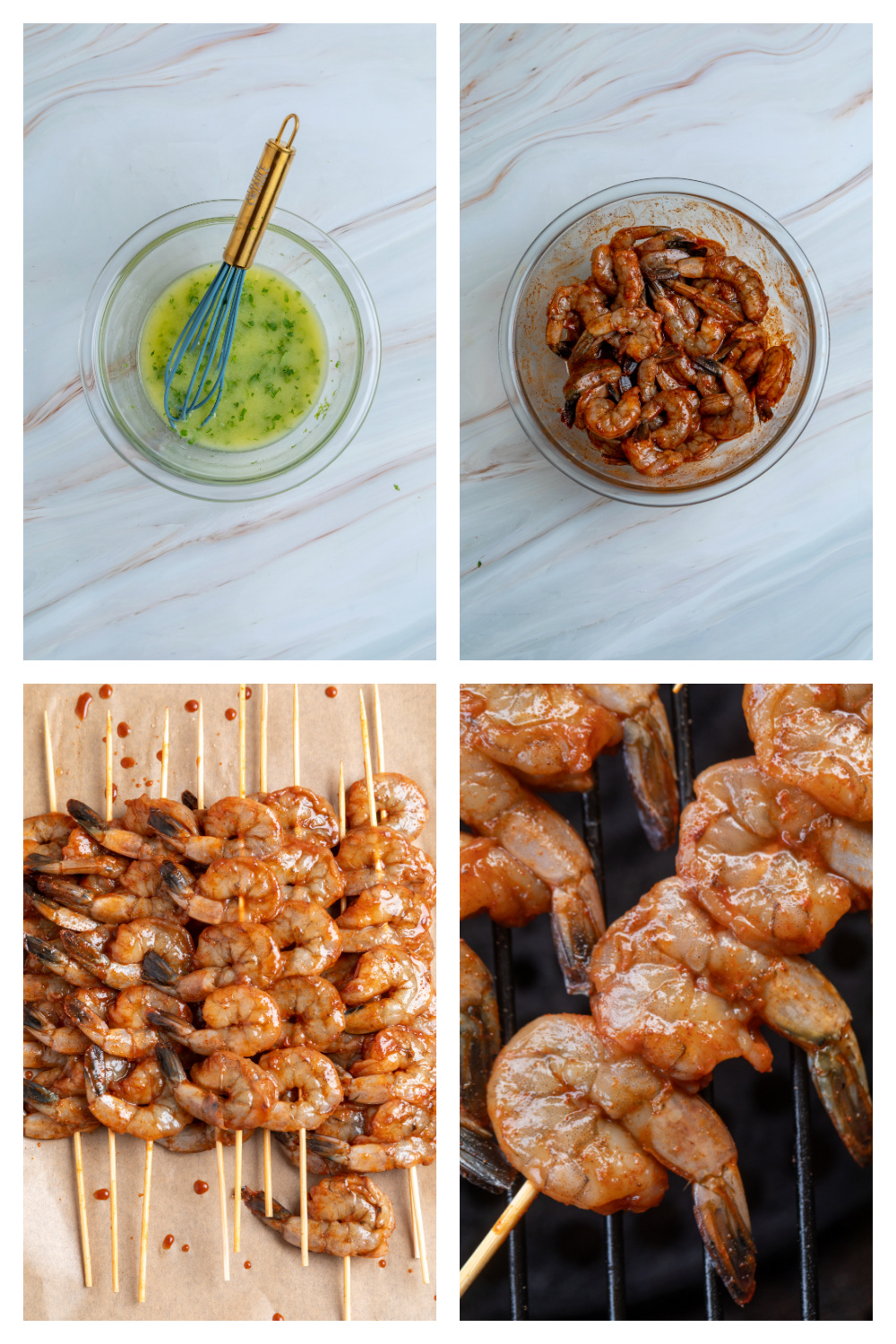 Process collage showing how to make chipotle honey grilled shrimp skewers from marinade to grilling