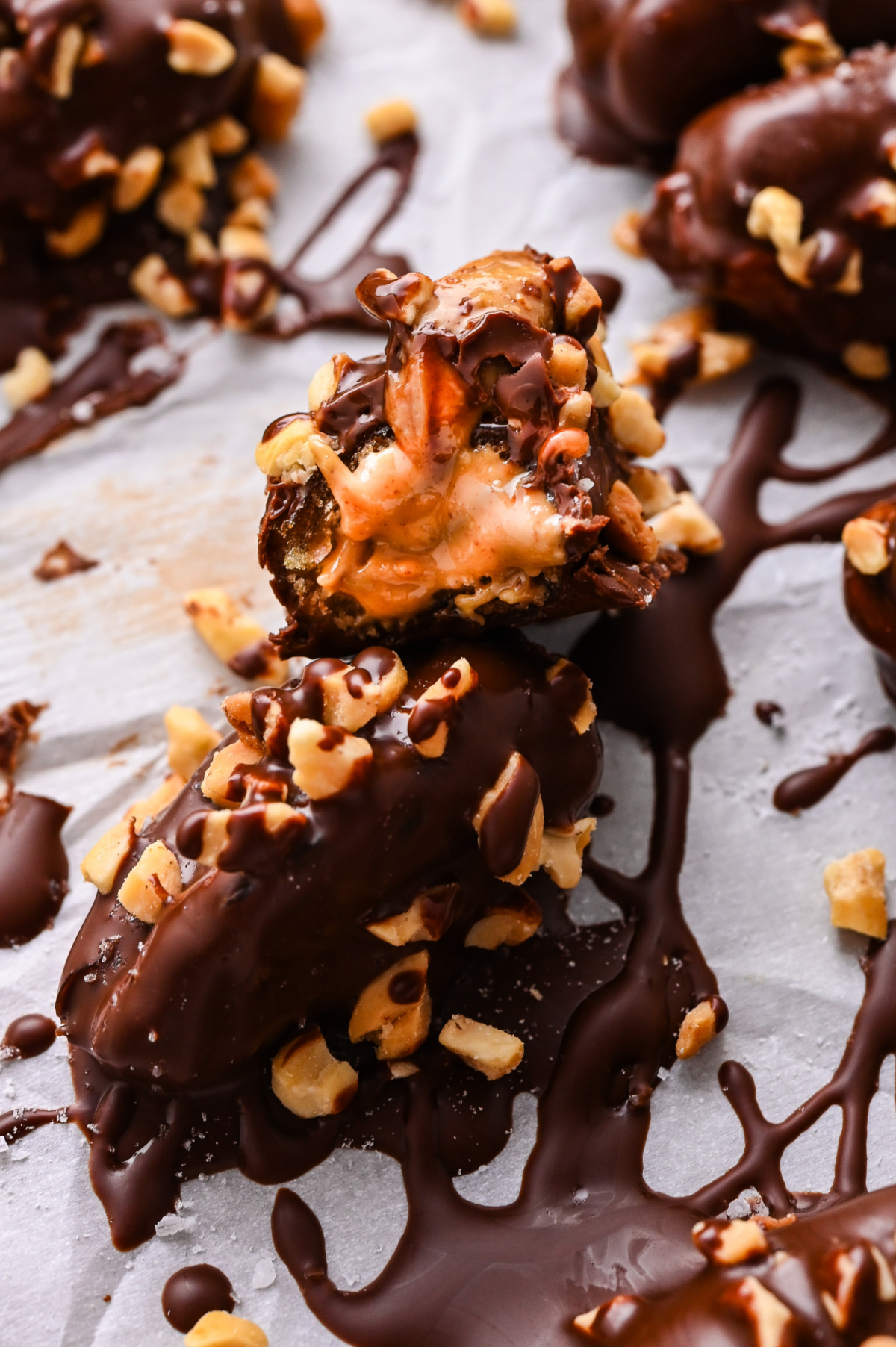 Inside view of chocolate peanut butter stuffed dates chocolate-peanut-butter-stuffed-dates-inside