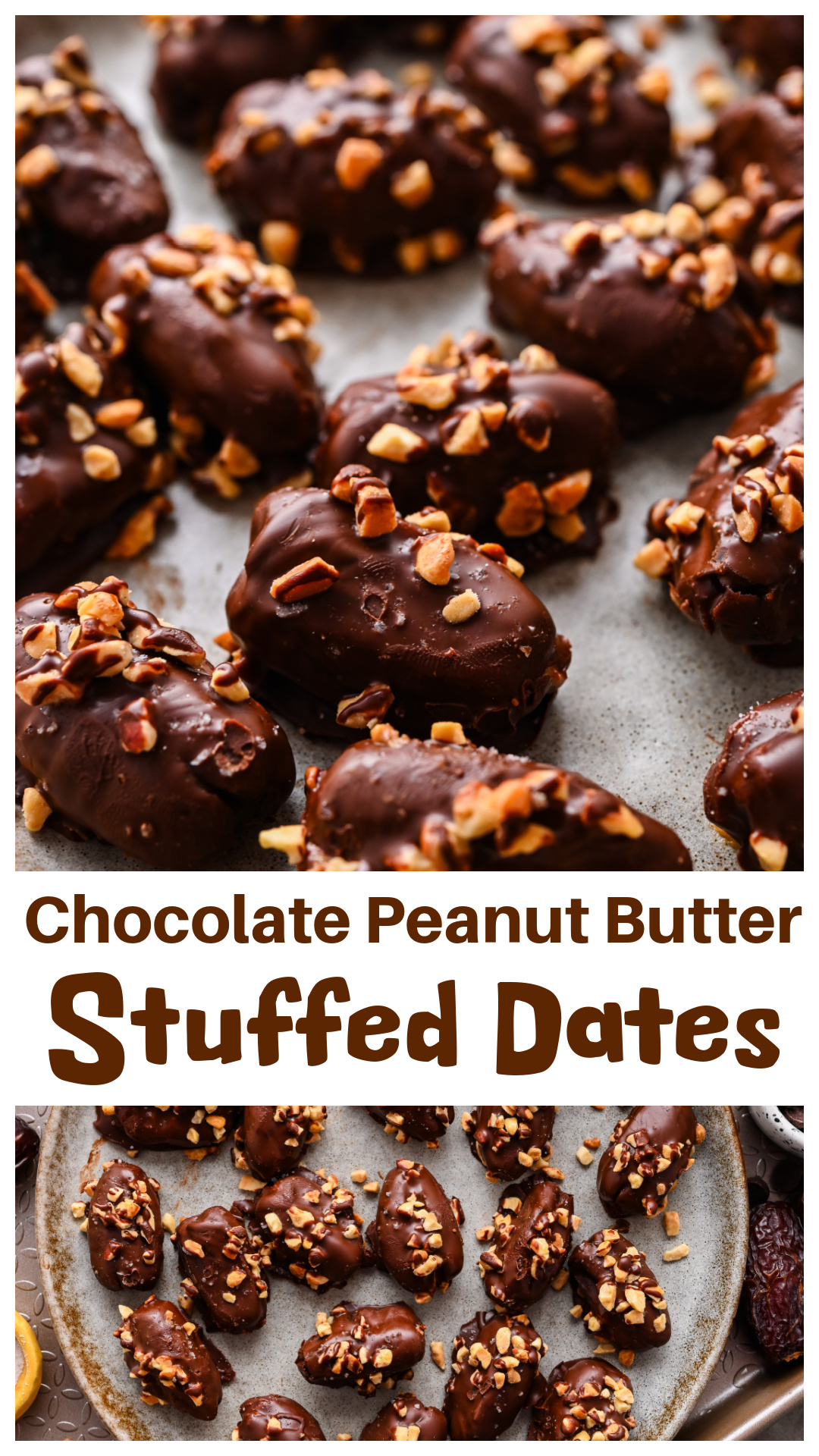 Chocolate Peanut Butter Stuffed Dates are filled with creamy peanut butter, coated in dark chocolate, and topped with chopped peanuts and flaky sea salt. Medjool dates bring a caramel-like sweetness that makes this easy dessert feel surprisingly similar to a chocolate peanut candy bar. Great for parties, meal prep, afternoon snacks, or keeping in the refrigerator when a sweet and salty craving strikes. Stores well and can be frozen for later. via @cmpollak1