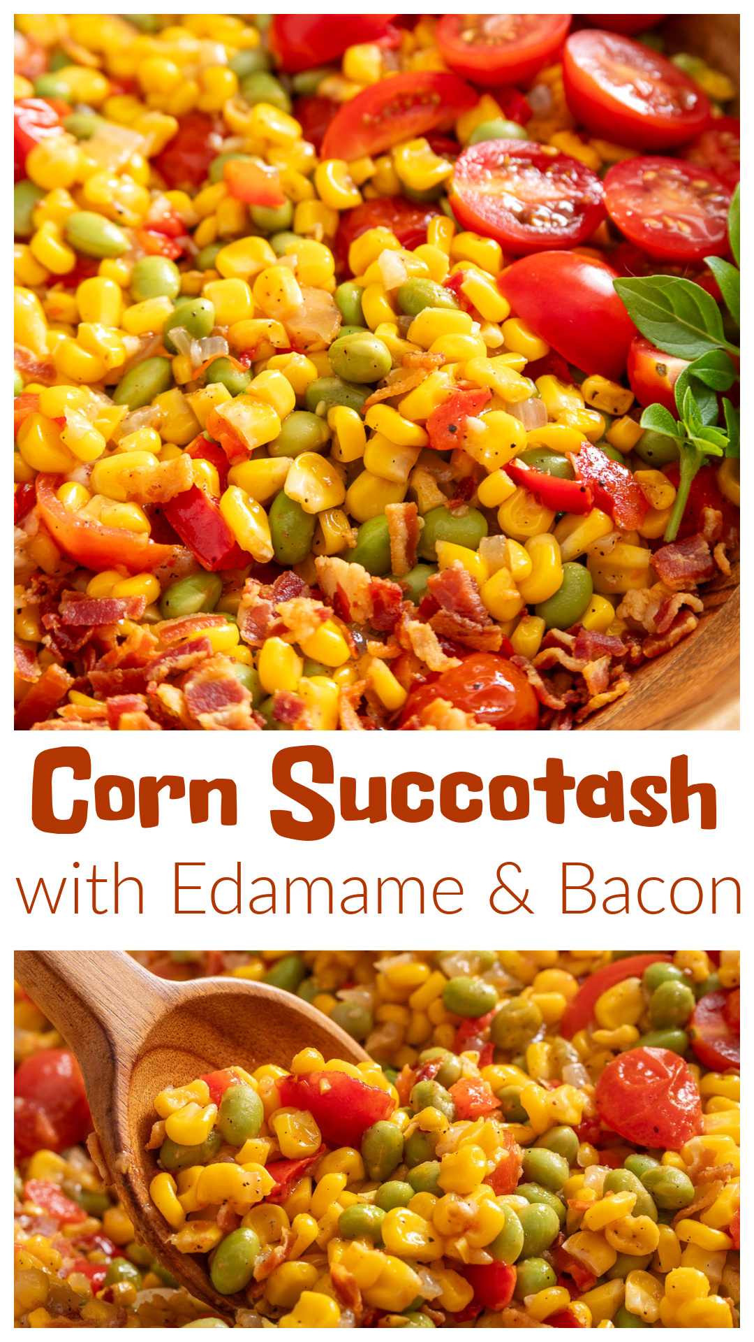 Corn Succotash is an easy side dish made with sweet corn, edamame, bacon, tomatoes, peppers, and onions. This one-skillet recipe pairs perfectly with grilled chicken, steak, pork chops, burgers, ribs, and all your favorite summer BBQ recipes. via @cmpollak1