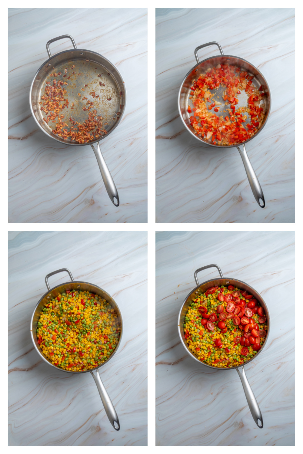 Step-by-step process for making corn succotash with edamame, bacon, and vegetables
