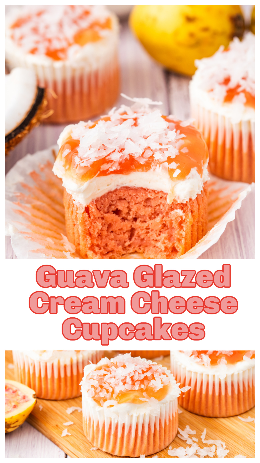Inspired by Hawaiian guava cake, these guava glazed cream cheese cupcakes feature pink cake, creamy topping, guava glaze, and coconut. via @cmpollak1