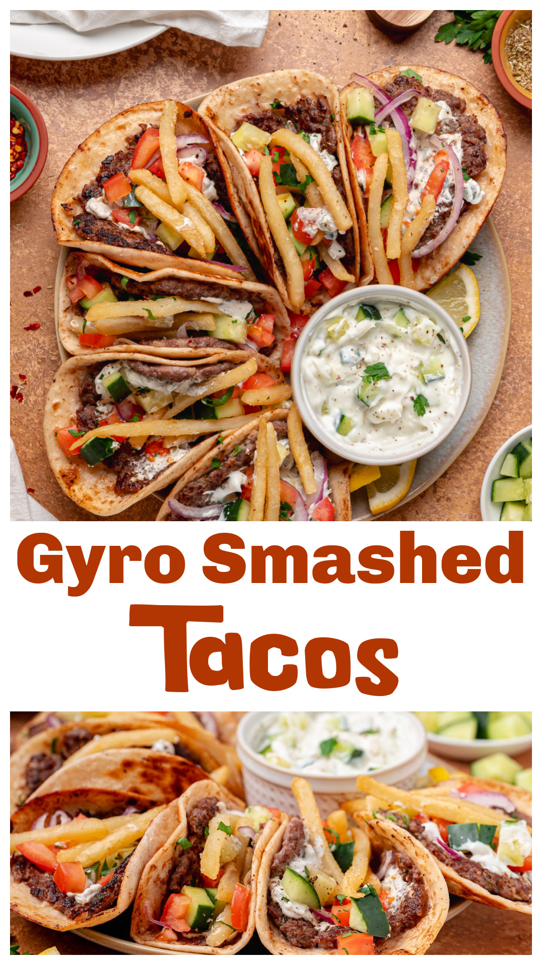 These gyro smashed tacos combine everything I love about a good gyro with the crispy edges of the smashed taco trend. Seasoned beef is pressed directly onto tortillas, cooked until browned, then topped with tzatziki, cucumber, tomato, red onion, lemon, and fries. If you love gyros but don't feel like making a traditional gyro loaf, this easy dinner delivers all those flavors in a much faster way. via @cmpollak1