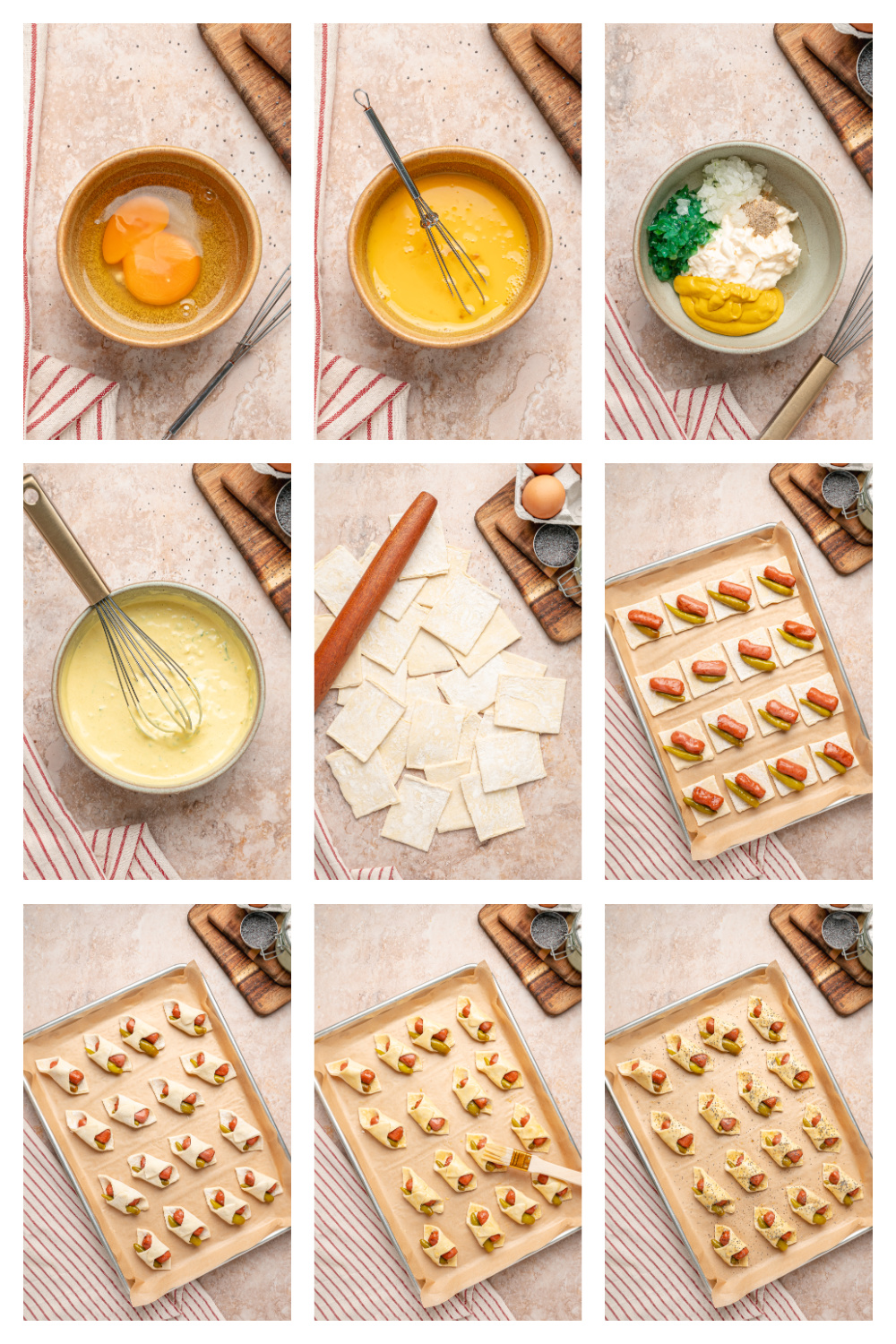 The steps for making Chicago hot dog pigs in a blanket from assembly through baking. Process collage showing puff pastry squares, sport peppers, beef cocktail franks, wrapping, and baked pigs in a blanket.