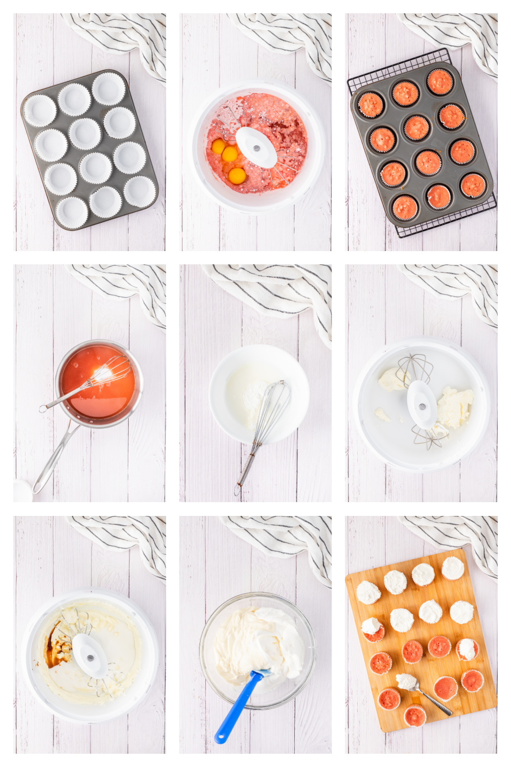 Step-by-step collage showing how to make guava cream cheese cupcakes from batter to finished cupcakes