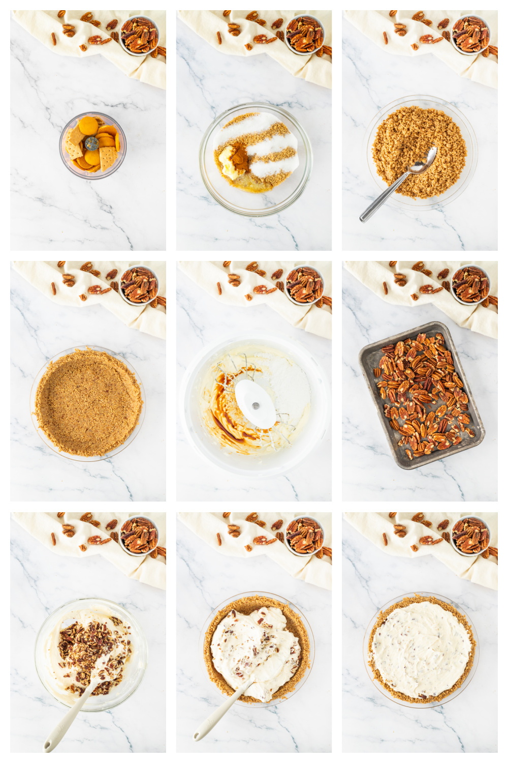 Process collage showing how to make pecan cream pie from crust preparation to filling and assembly Process collage showing how to make pecan cream pie from crust preparation to filling and assembly