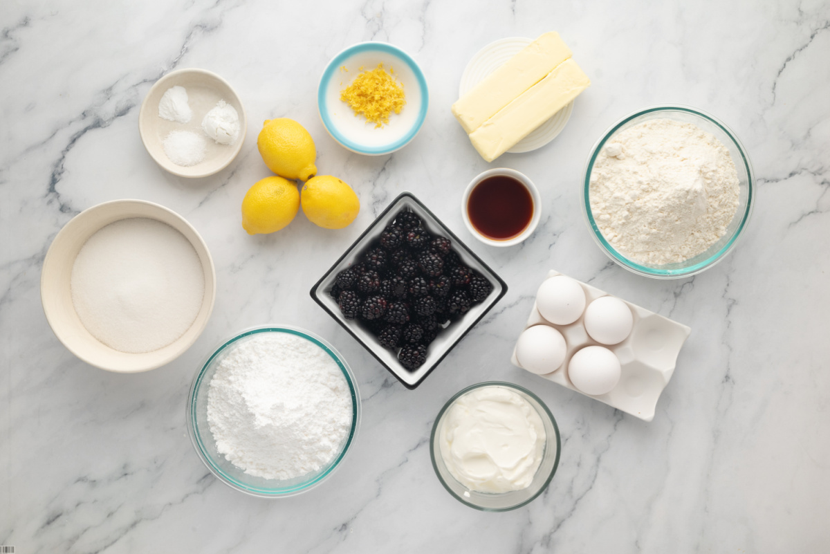 Ingredients needed to make lemon blackberry Bundt cake with fresh blackberry glaze Ingredients needed to make lemon blackberry Bundt cake with fresh blackberry glaze