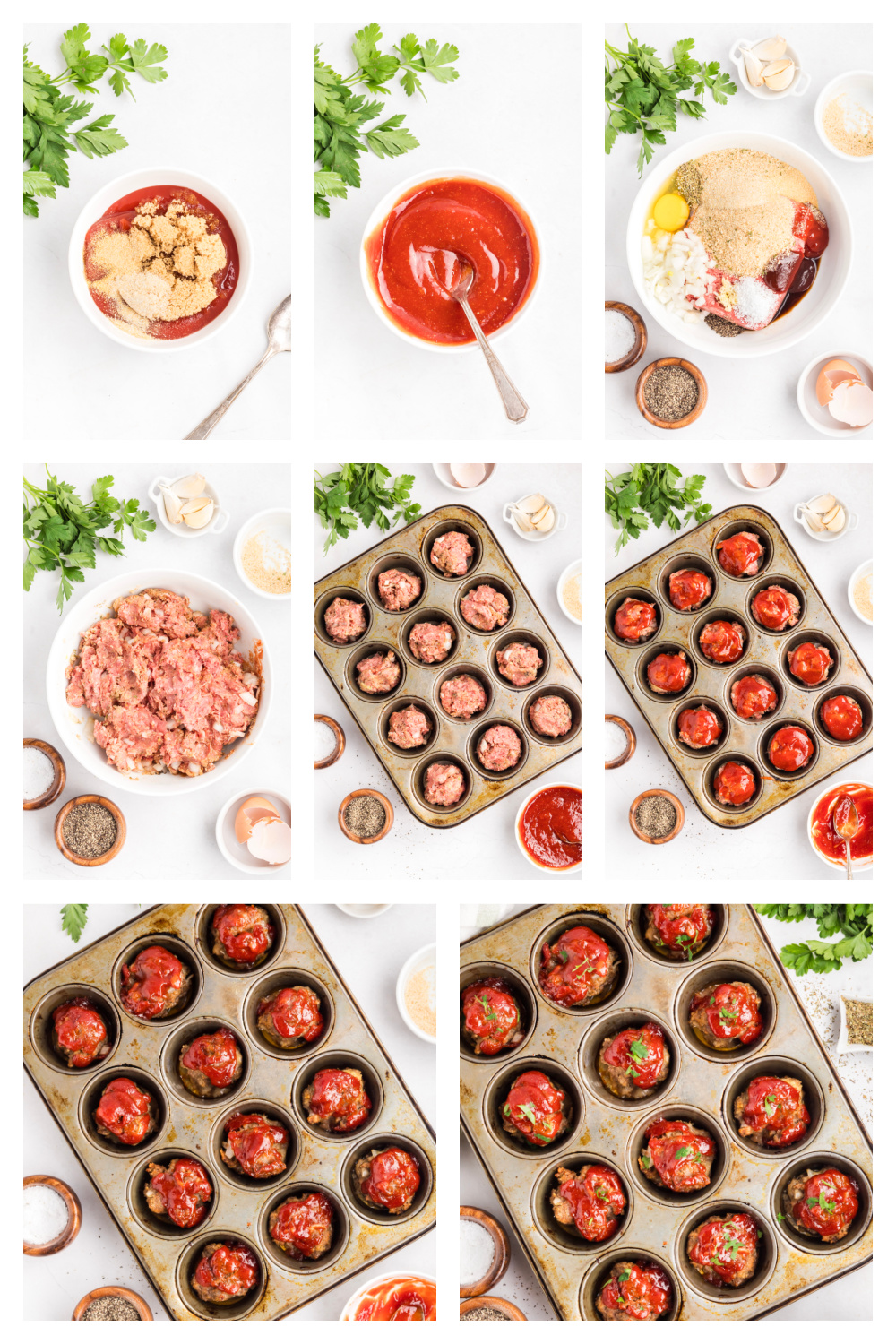Process collage showing how mini meatloaf is made Steps for making mini meatloaf from mixing the beef mixture to baking in a muffin tin