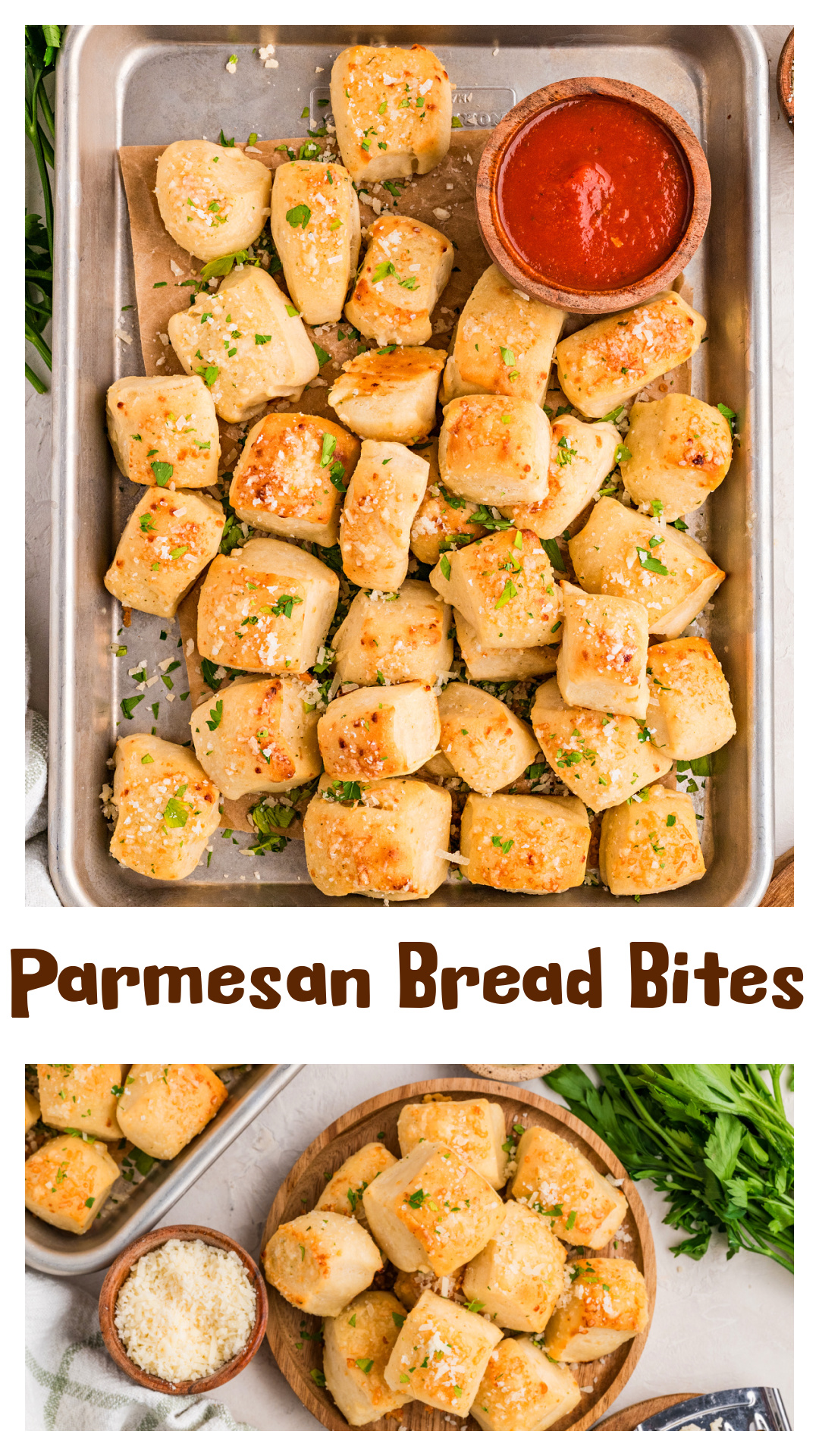 These Parmesan Bread Bites start with one square of homemade dough that gets cut into 64 pieces with a pizza cutter. Each piece is dipped in garlic butter, sprinkled with Parmesan cheese, and baked until soft and golden brown. They're the perfect appetizer, party snack, game day food, or side dish for pasta night. Serve these garlic Parmesan bread bites warm with marinara sauce and watch them disappear. via @cmpollak1