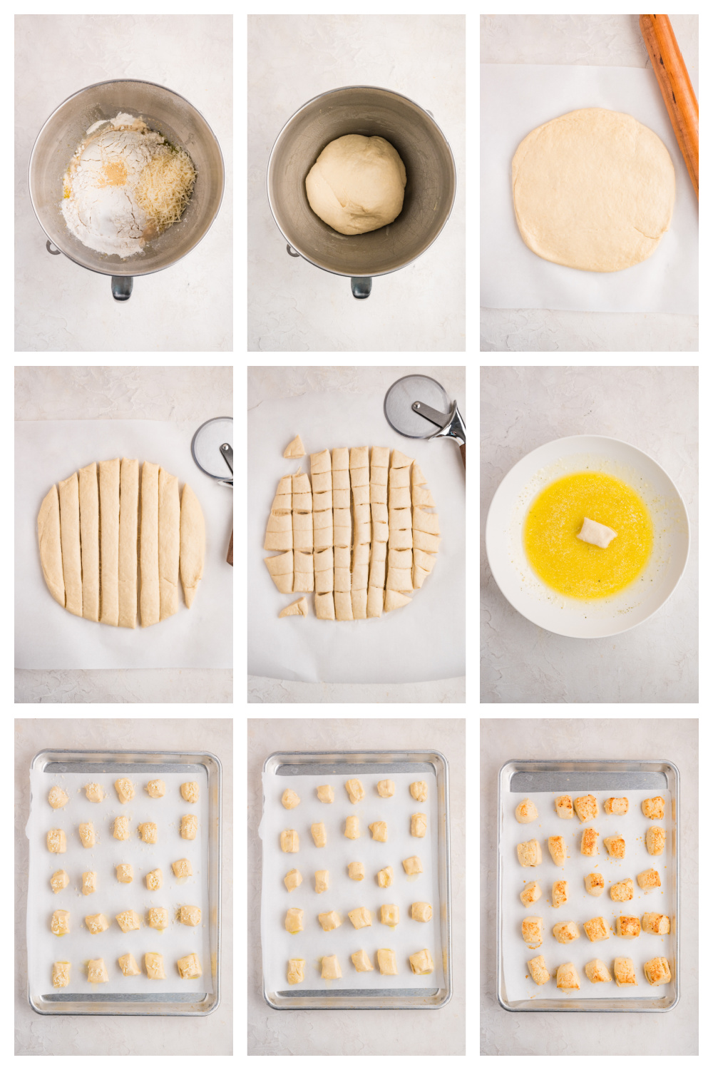 The process for making Parmesan bread bites from dough to golden baked bites Process collage showing dough for Parmesan bread bites being mixed, cut into squares, dipped in garlic butter, and baked
