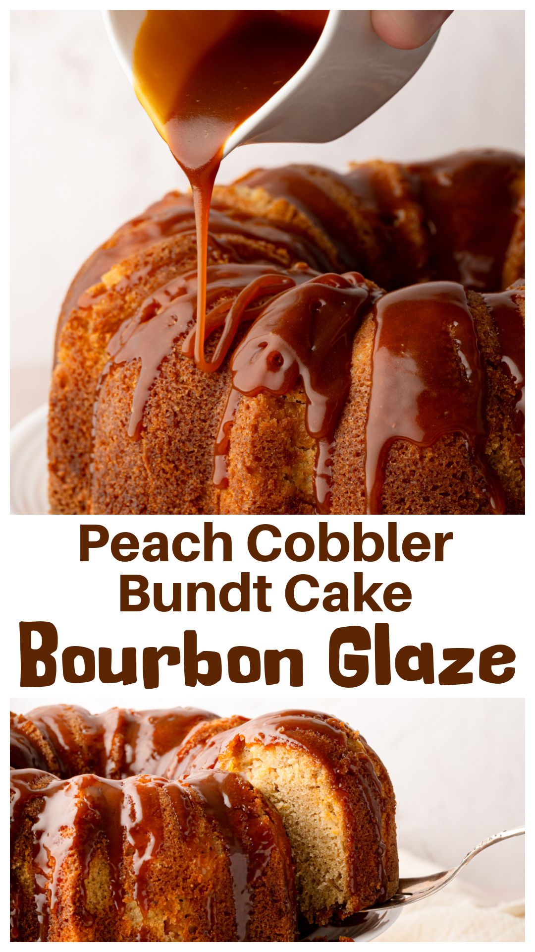 Peach cobbler meets Bundt cake in this brown sugar sour cream cake packed with peaches, cinnamon, and nutmeg, then finished with warm bourbon caramel. Inspired by the flavors of classic peach cobbler, this peach dessert is perfect for peach season, summer gatherings, holidays, potlucks, and anyone who thinks caramel belongs on cake. A peach Bundt cake recipe that refuses to keep things simple. via @cmpollak1