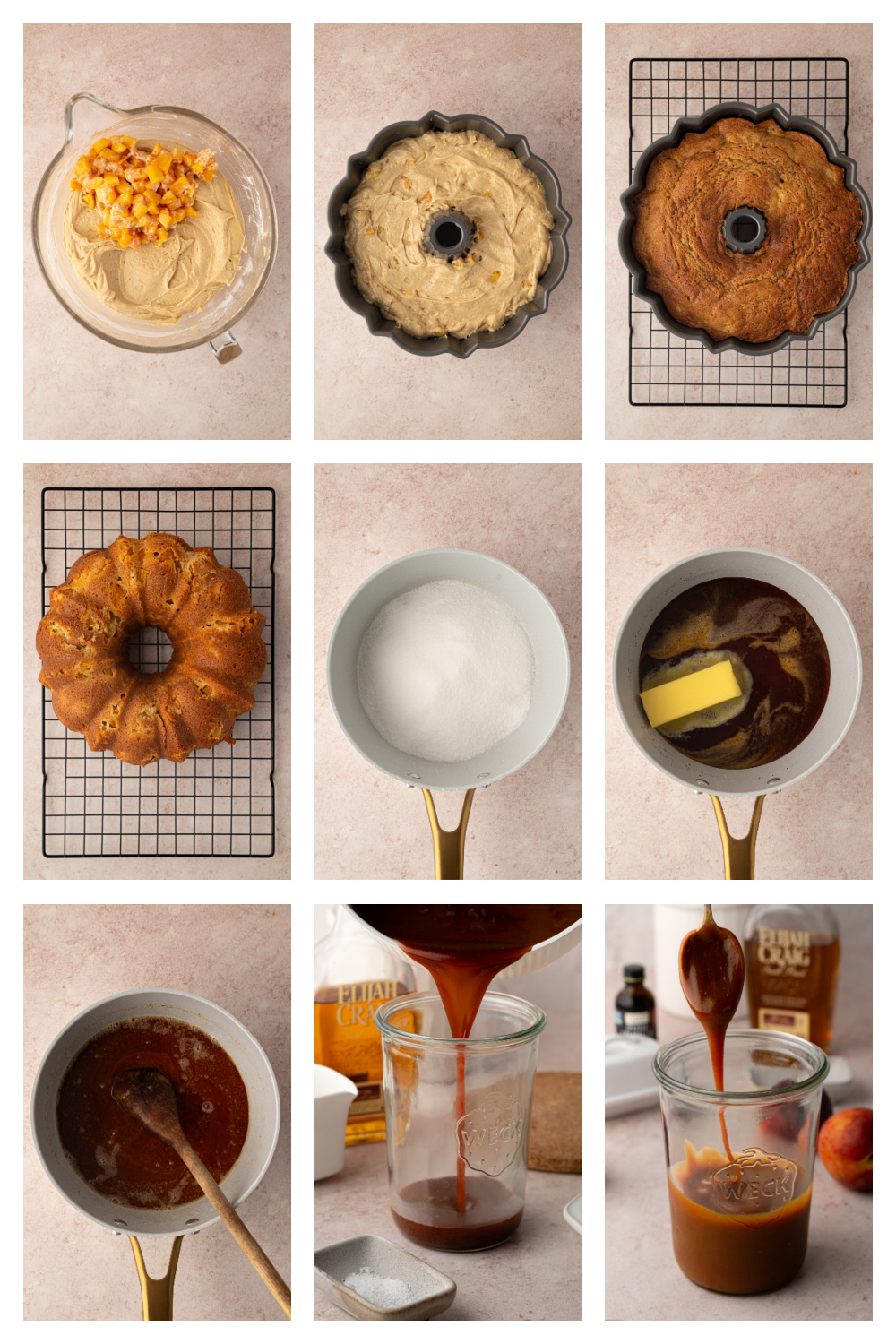 Step-by-step process for making peach cobbler Bundt cake with bourbon caramel. peach-cobbler-bundt-cake-with-bourbon-caramel-process.jpg
