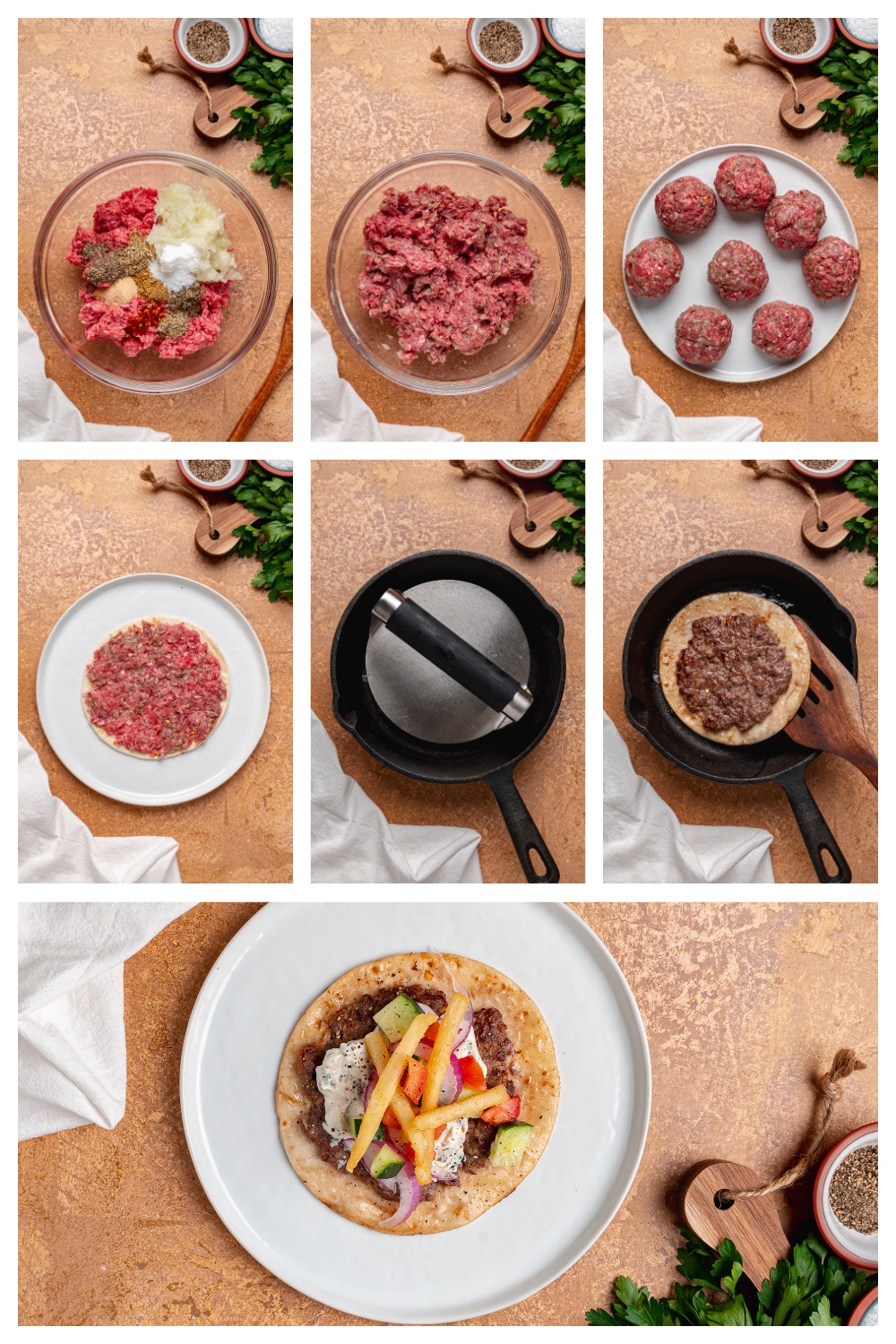 The simple steps for making smashed gyro tacos from seasoned beef to crispy skillet-cooked tortillas. Process collage showing how to make smashed gyro tacos by pressing seasoned beef onto tortillas and cooking in a skillet.