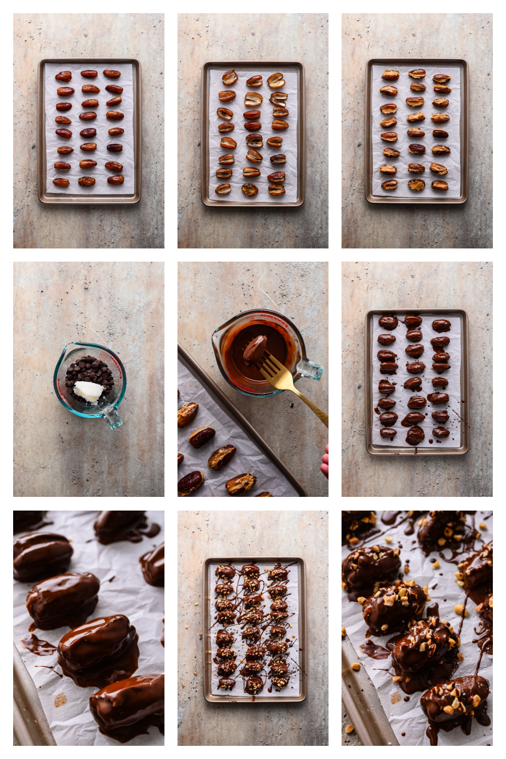 How to make chocolate-covered stuffed dates Process collage showing dates being filled with peanut butter, dipped in chocolate, and topped with peanuts