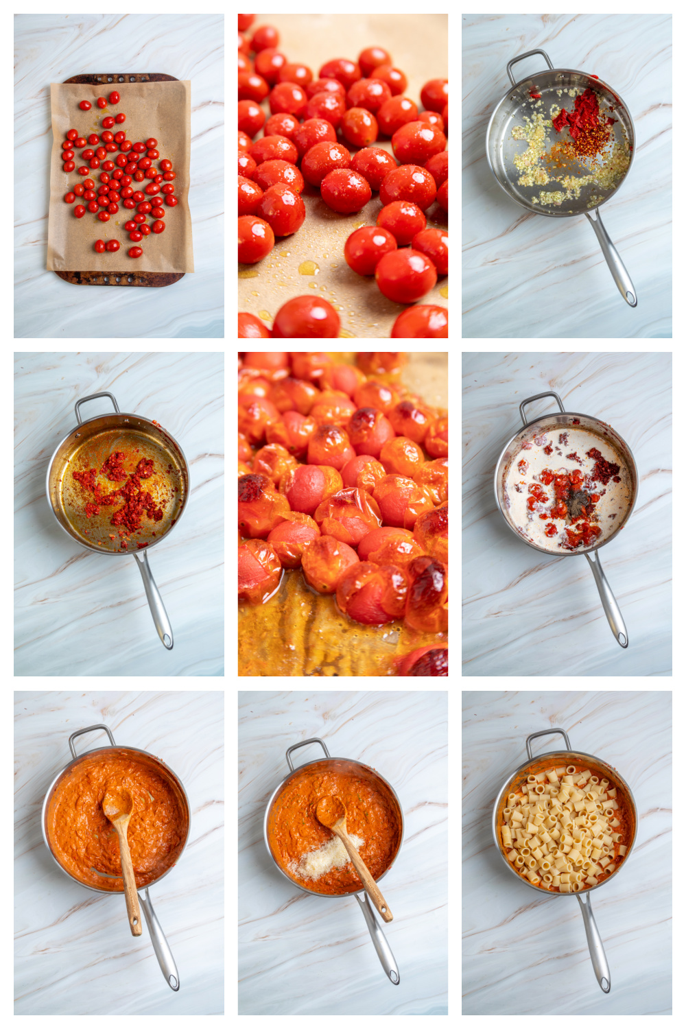 The step-by-step process for making spicy roasted tomato vodka pasta. Process collage showing the steps for making spicy roasted tomato vodka pasta, including roasting grape tomatoes, cooking the sauce, and tossing the pasta with Parmesan.