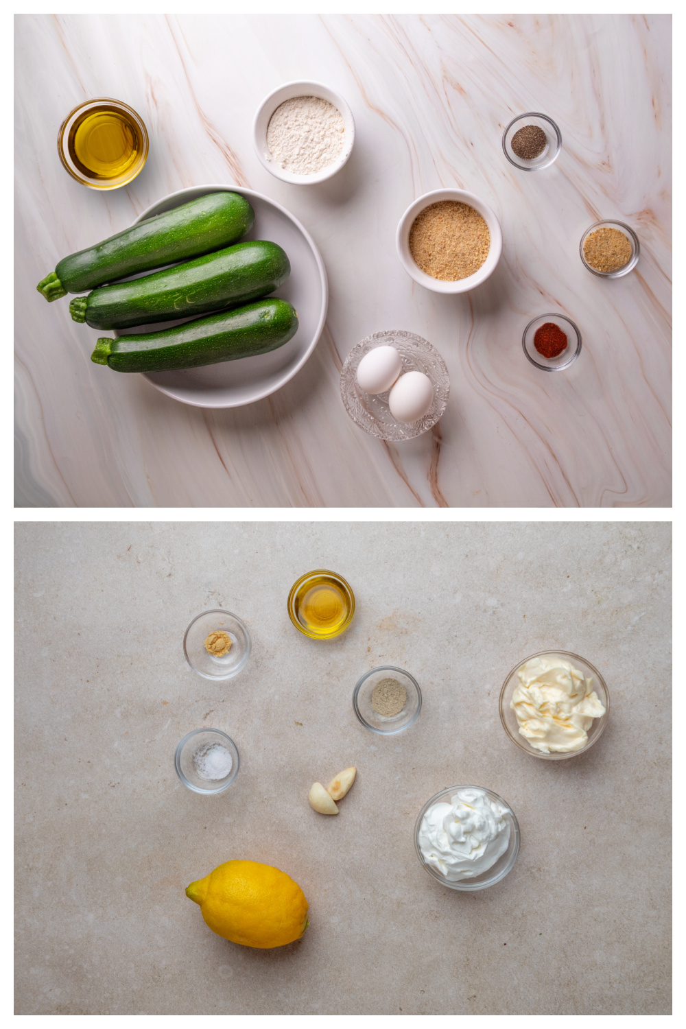 Ingredients for Air Fryer Zucchini Fries Ingredients for air fryer zucchini fries including zucchini, breadcrumbs, flour, eggs, olive oil, and seasonings.
