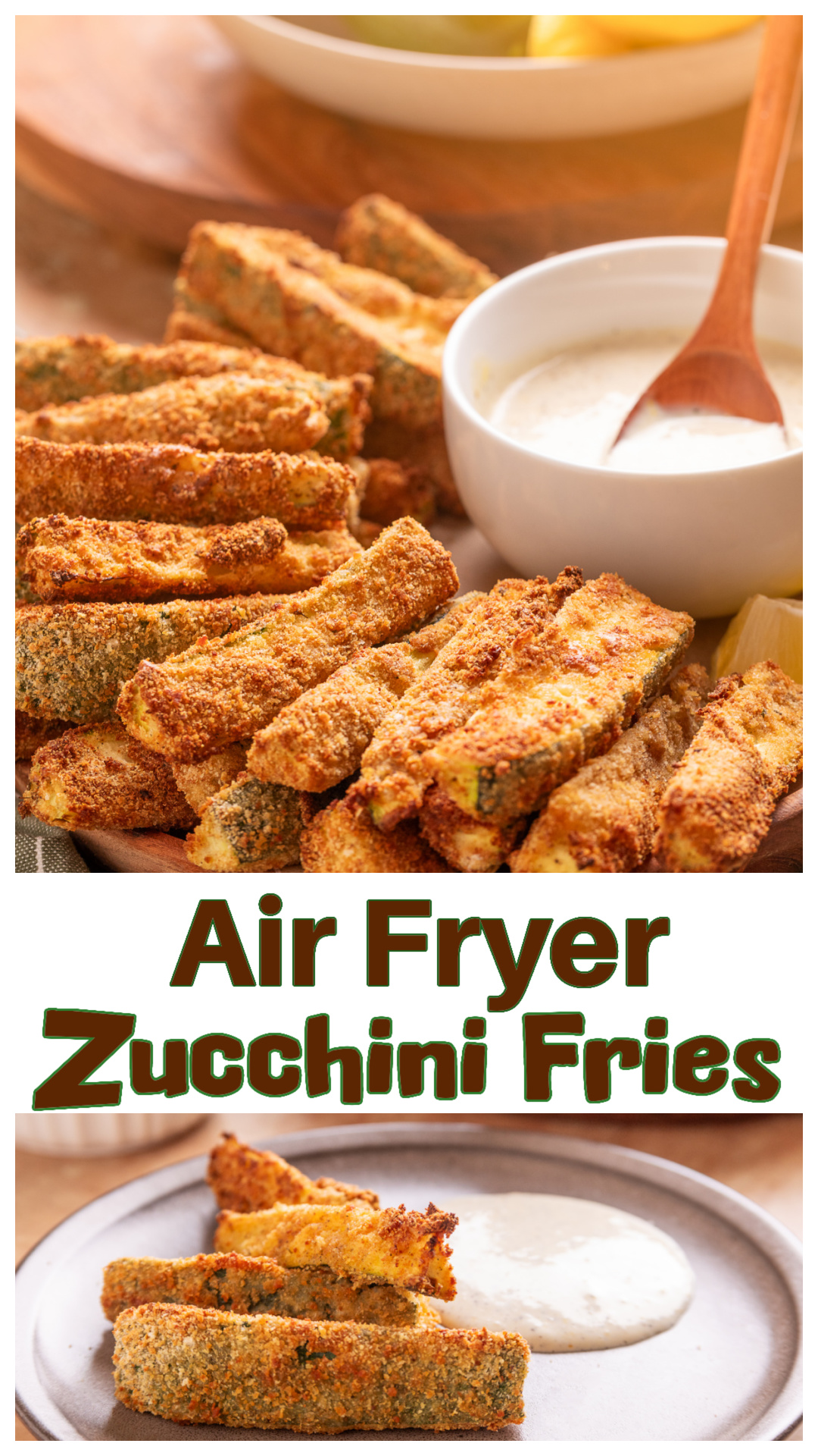 Air Fryer Zucchini Fries are coated in a double-seasoned breadcrumb crust, cooked until crisp and golden, and served with a creamy homemade lemon garlic aioli. This easy zucchini recipe is perfect for using fresh garden zucchini during the summer and makes a great appetizer, side dish, or snack. The smoky chipotle seasoning and crispy coating make these zucchini fries hard to stop eating. via @cmpollak1