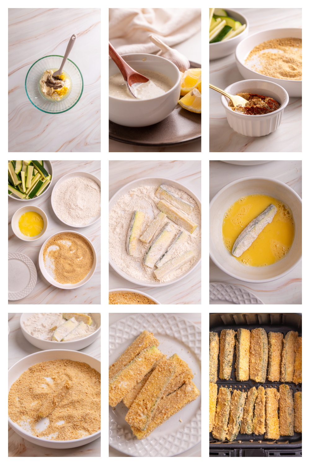 How to Make Air Fryer Zucchini Fries How to make Air Fryer Zucchini Fries from breading the zucchini to air frying until golden.