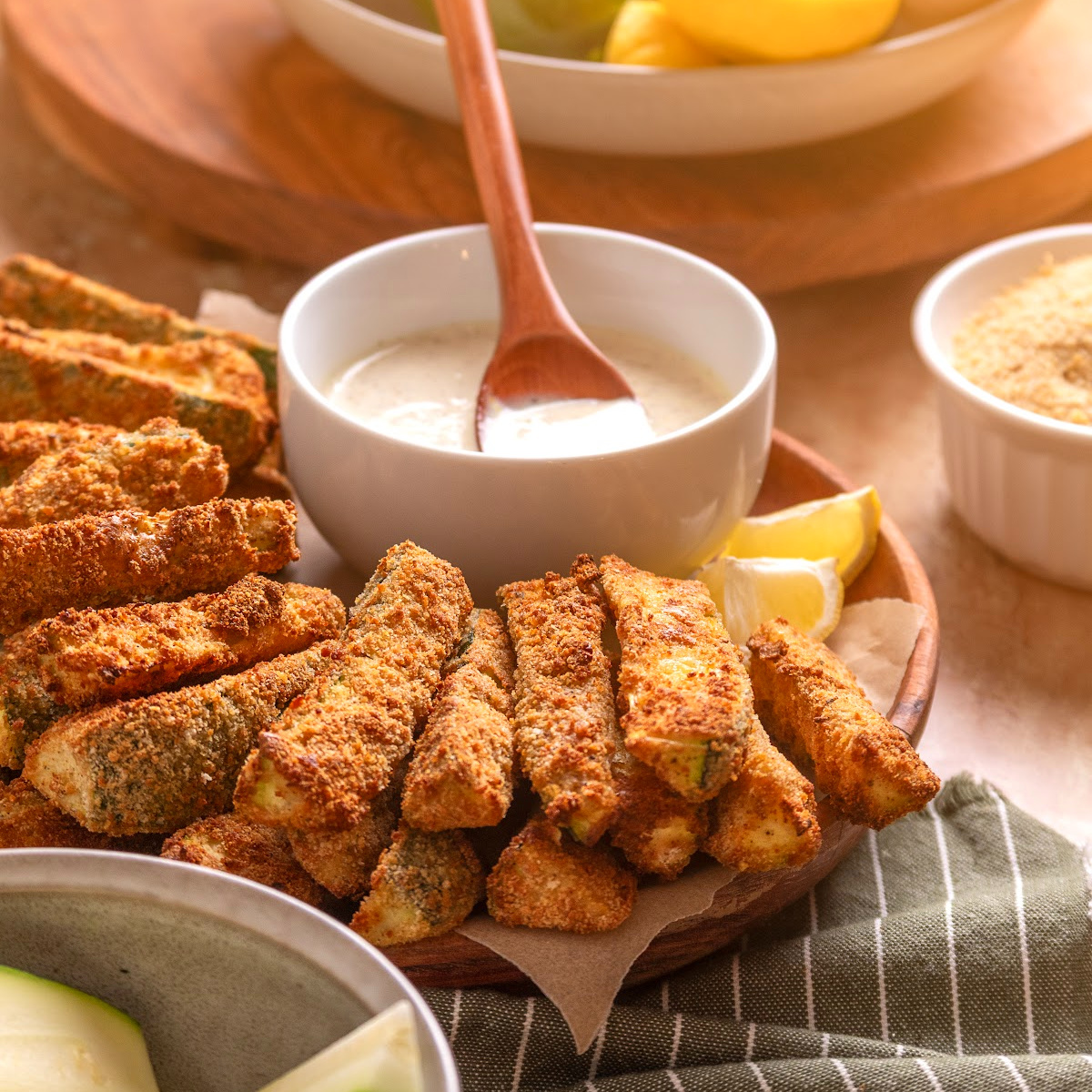 Crispy Air Fryer Zucchini Fries with homemade lemon garlic aioli.