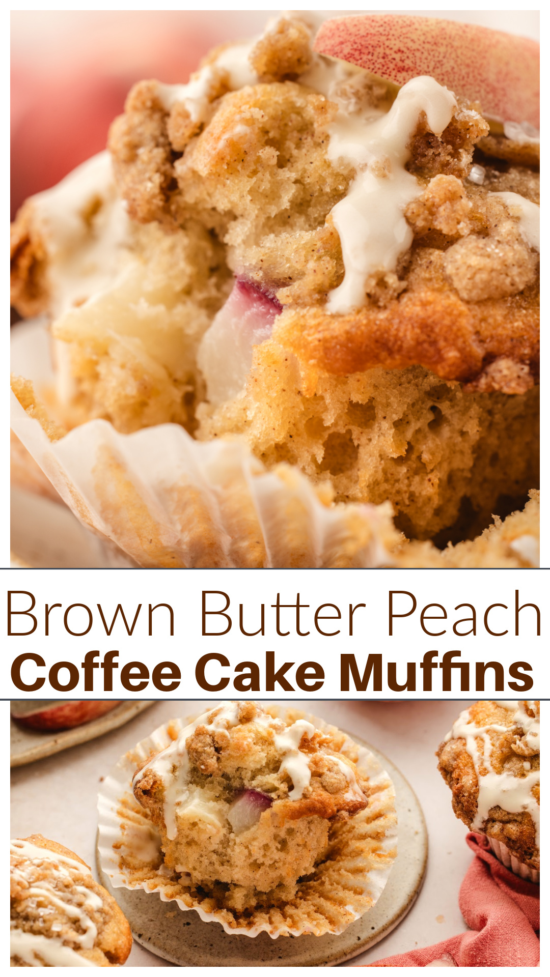 Brown Butter Peach Coffee Cake Muffins are filled with fresh peaches and topped with cinnamon streusel, coarse sugar, and vanilla glaze. Browning the butter adds a rich, nutty flavor that pairs perfectly with peaches, while the hot-start baking method helps create tall muffin tops. They're a great way to use fresh summer peaches for breakfast, brunch, or an afternoon coffee break before peach season comes to an end. via @cmpollak1