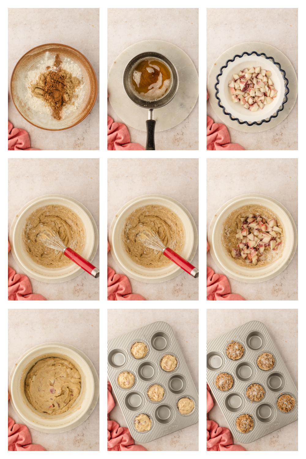 Process collage showing how to make brown butter peach coffee cake muffins