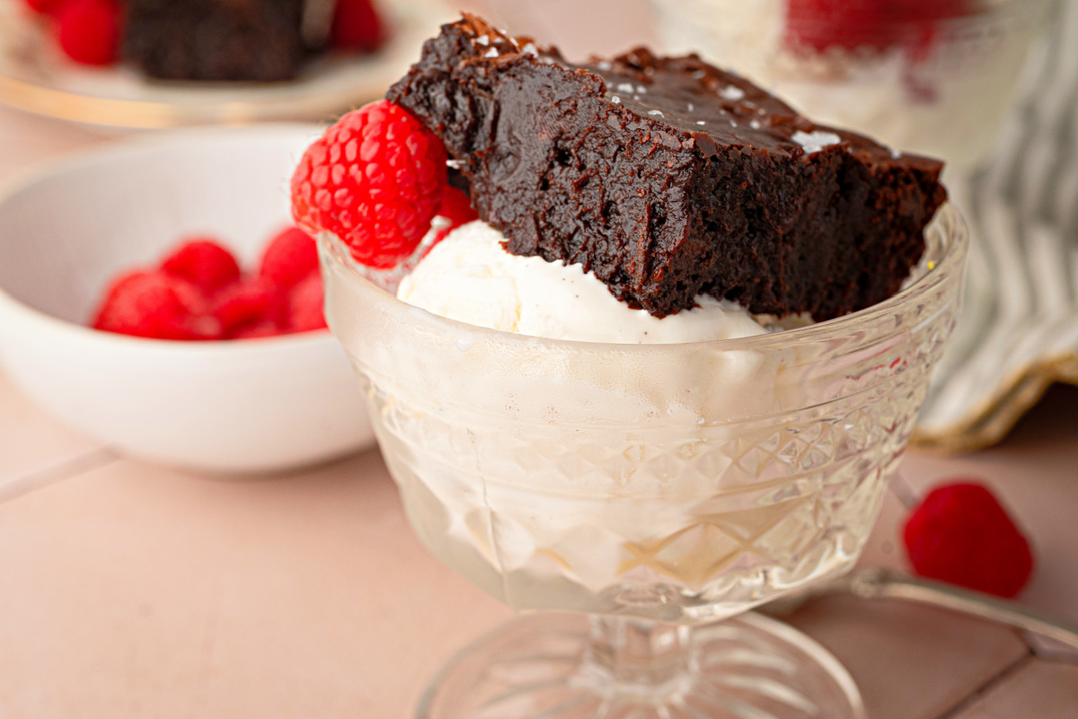 Cabernet Sauvignon brownie served with vanilla ice cream Cabernet Sauvignon brown butter brownie served over vanilla ice cream with fresh raspberries.