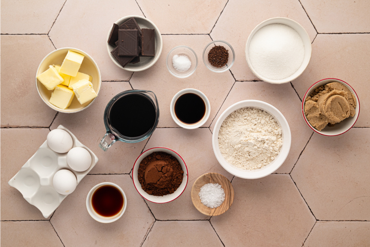 Ingredients for Cabernet Sauvignon Brown Butter Brownies Ingredients for Cabernet Sauvignon brown butter brownies, including Cabernet Sauvignon, dark chocolate, butter, cocoa powder, sugars, eggs, flour, vanilla, espresso powder, and sea salt.