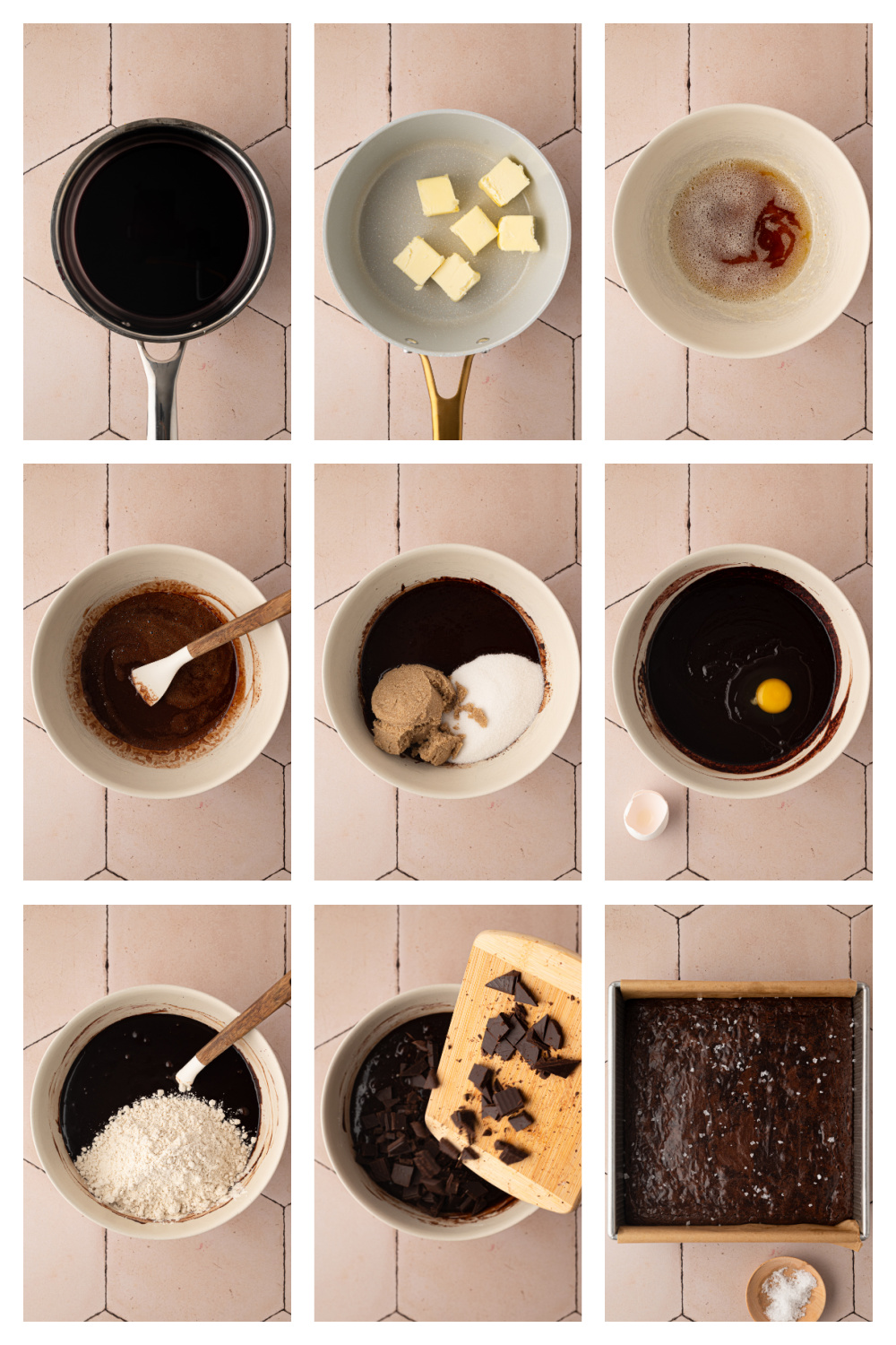 How to make Cabernet Sauvignon Brown Butter Brownies Process collage showing the steps for making Cabernet Sauvignon brown butter brownies, from reducing the wine to mixing the batter and baking.