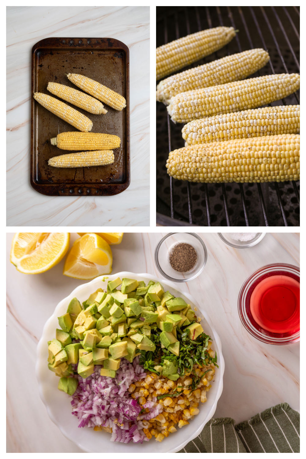 Process collage showing how to make grilled corn salad with avocado and basil by grilling the corn, cutting the kernels, and tossing the salad together.