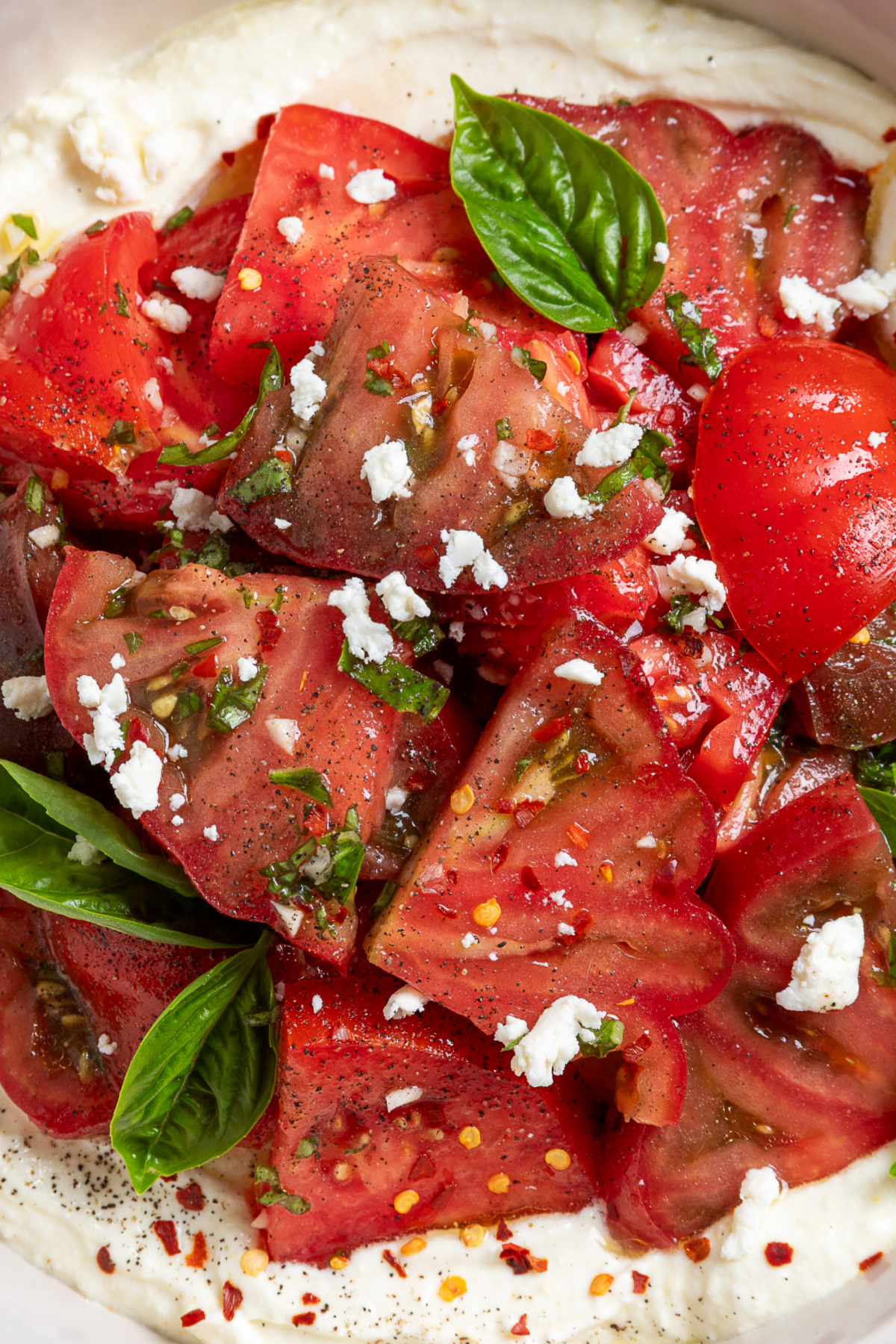 Juicy heirloom tomatoes soak up the lemon vinaigrette before being spooned over the creamy whipped ricotta-feta. heirloom-tomato-salad-over-whipped-ricotta-feta-close-up