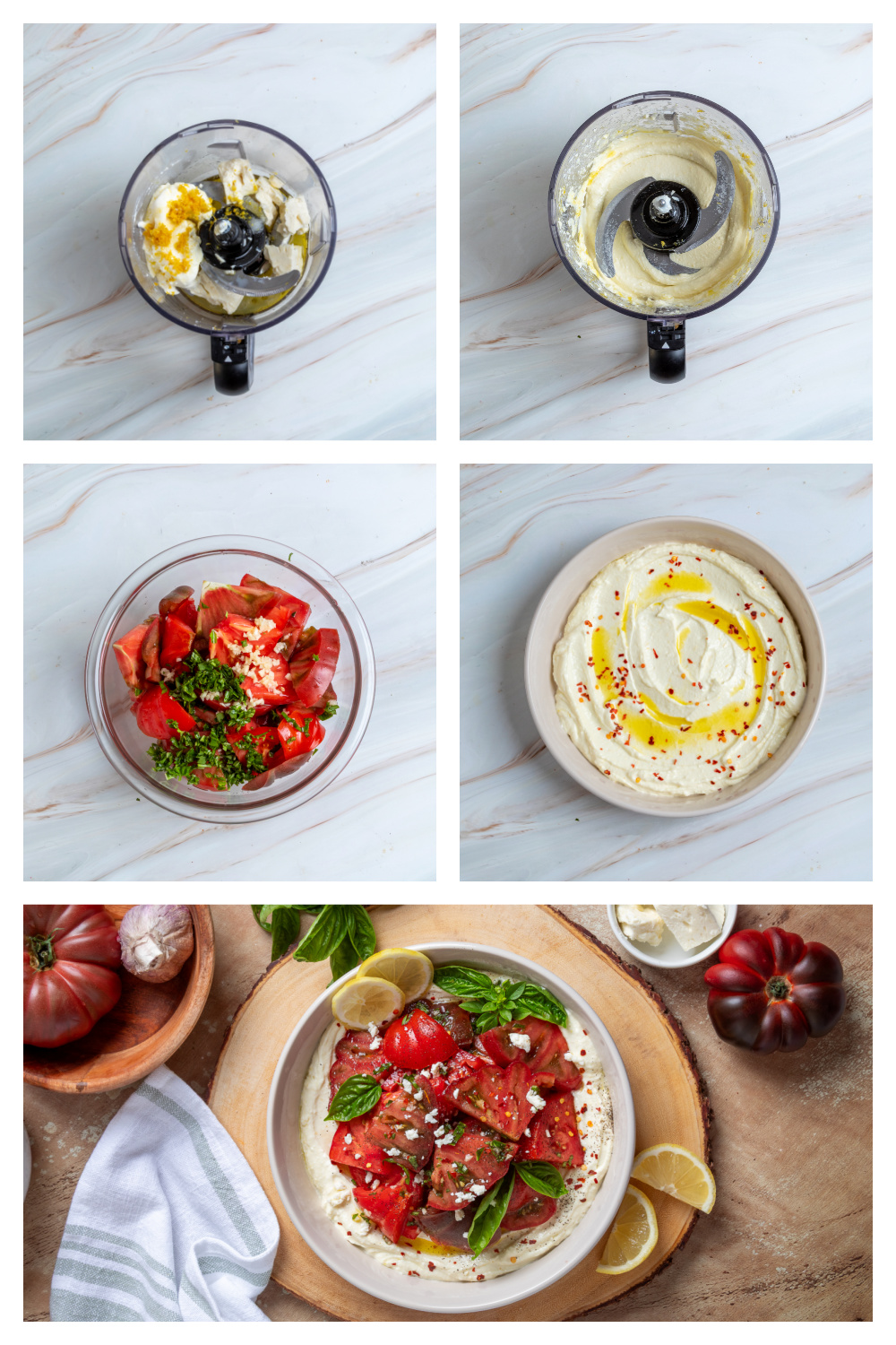 See each step for making heirloom tomato salad over whipped ricotta feta, including the whipped ricotta-feta, tomato dressing, and final assembly. heirloom-tomato-salad-over-whipped-ricotta-feta-process-collage