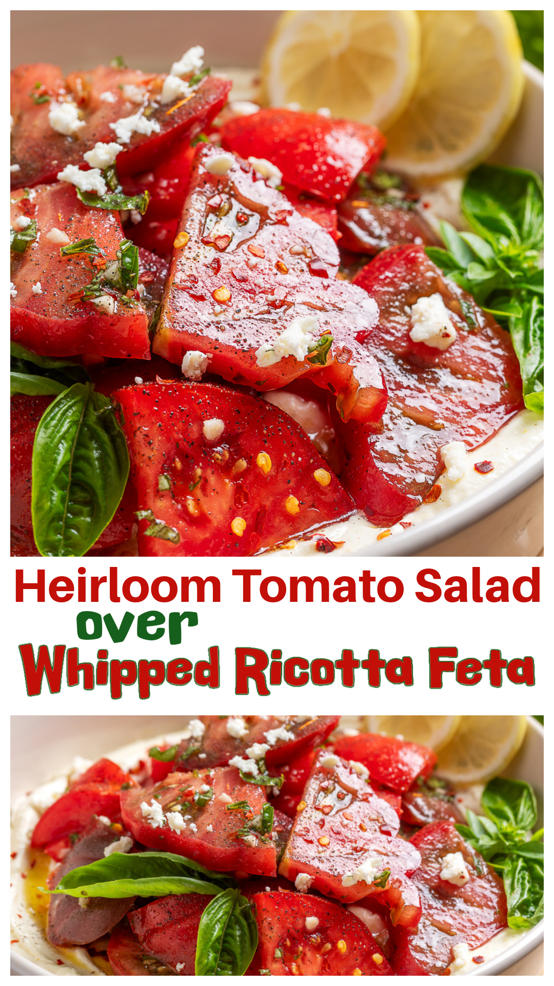 This heirloom tomato salad over whipped ricotta feta is one of my favorite ways to enjoy peak-season tomatoes. A creamy ricotta-feta spread, fresh basil, and a simple lemon vinaigrette add just enough without covering up everything that makes really good heirloom tomatoes worth waiting for. Serve it with toasted sourdough, crostini, or grilled baguette for an easy summer appetizer, lunch, or light dinner. via @cmpollak1