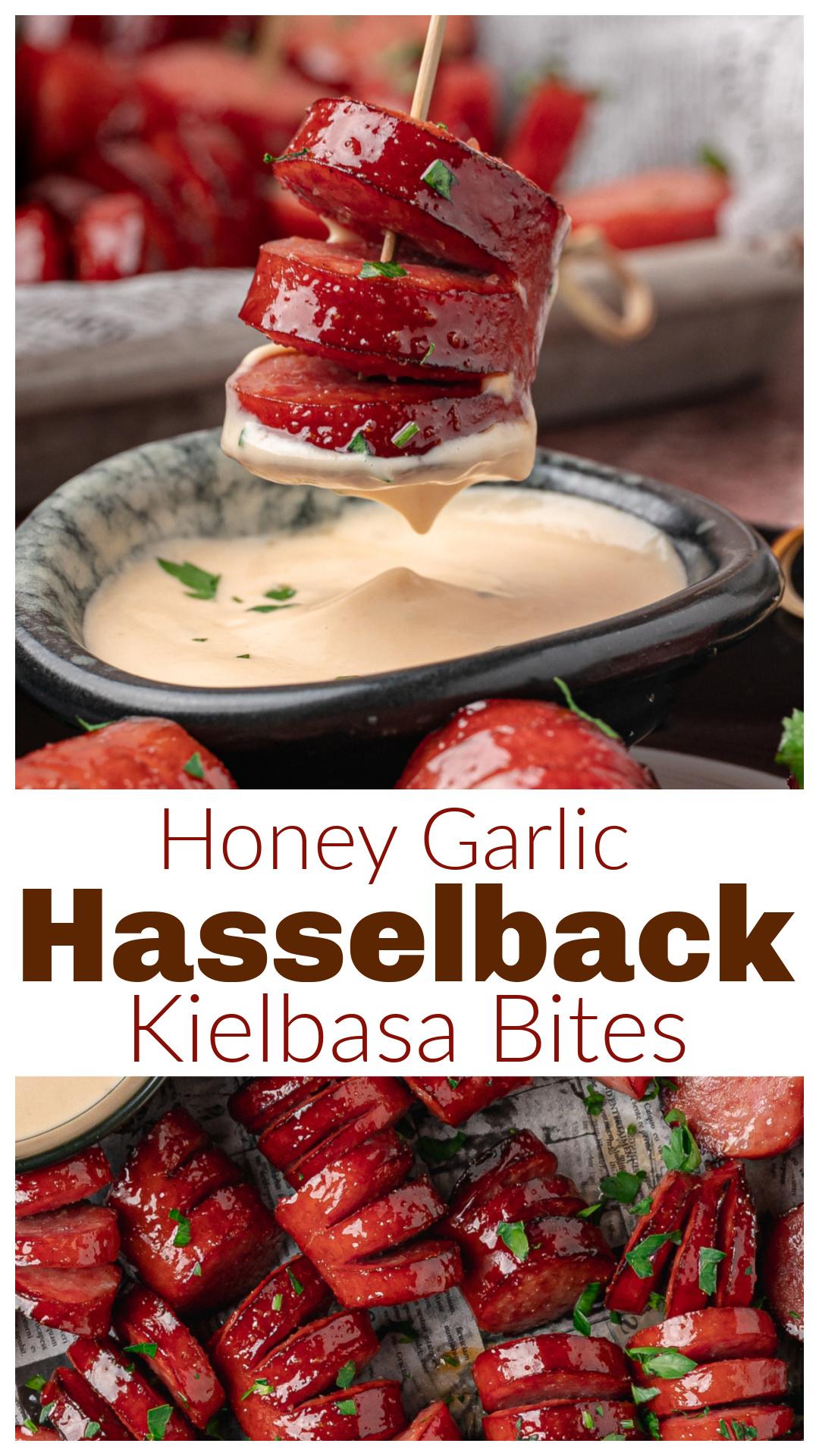 Honey Garlic Hasselback Kielbasa Bites turn smoked kielbasa into bite-sized appetizers with plenty of places to catch a sticky honey garlic glaze. Baking the kielbasa before adding the glaze gives the hasselback cuts time to open, then a second brush of reserved glaze adds an extra glossy finish. Serve them warm with creamy honey mustard for game day, holiday parties, potlucks, or anytime you need an easy appetizer people will keep dipping. via @cmpollak1