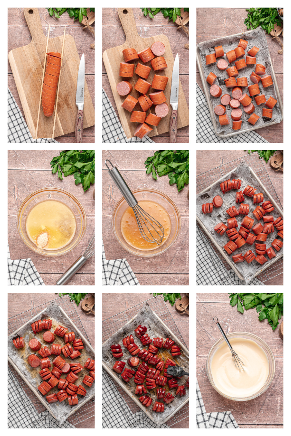 See how to hasselback, glaze, and bake honey garlic hasselback kielbasa bites. Step-by-step process for making honey garlic hasselback kielbasa bites.