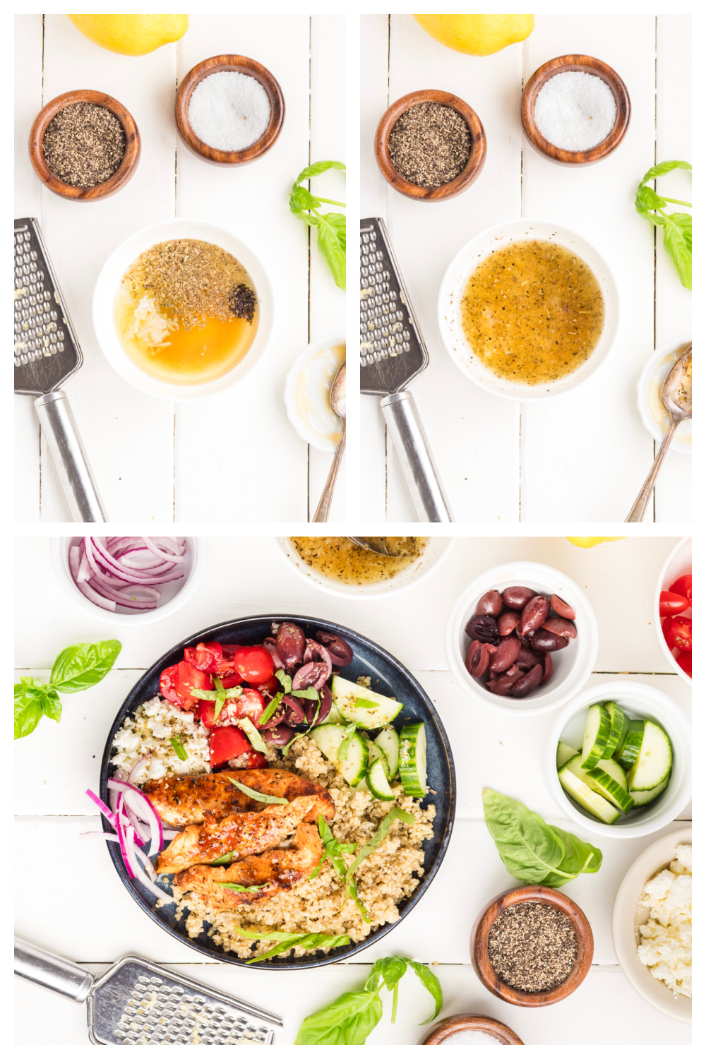 How to Make Mediterranean Chicken Bowl Process collage showing how to make Mediterranean chicken bowl by whisking the lemon vinaigrette and assembling the quinoa, grilled chicken, vegetables, feta, and olives.