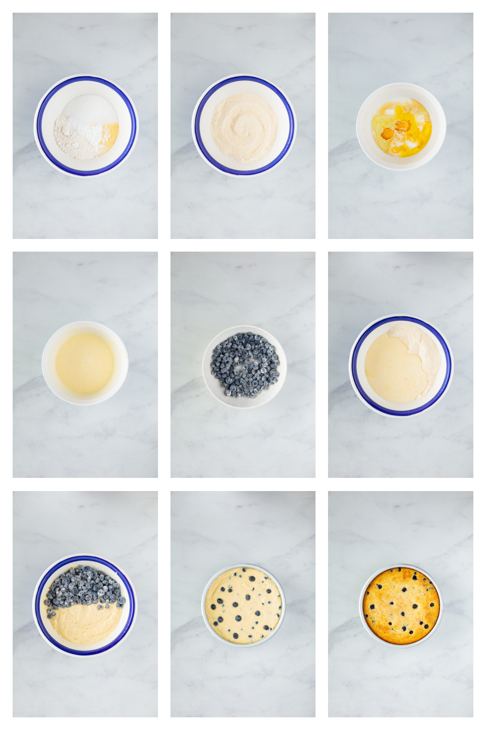 See each step of making lemon blueberry cornbread, from mixing the batter to baking it until golden. Step-by-step collage showing how to make lemon blueberry cornbread, from mixing the batter to the finished baked cornbread.
