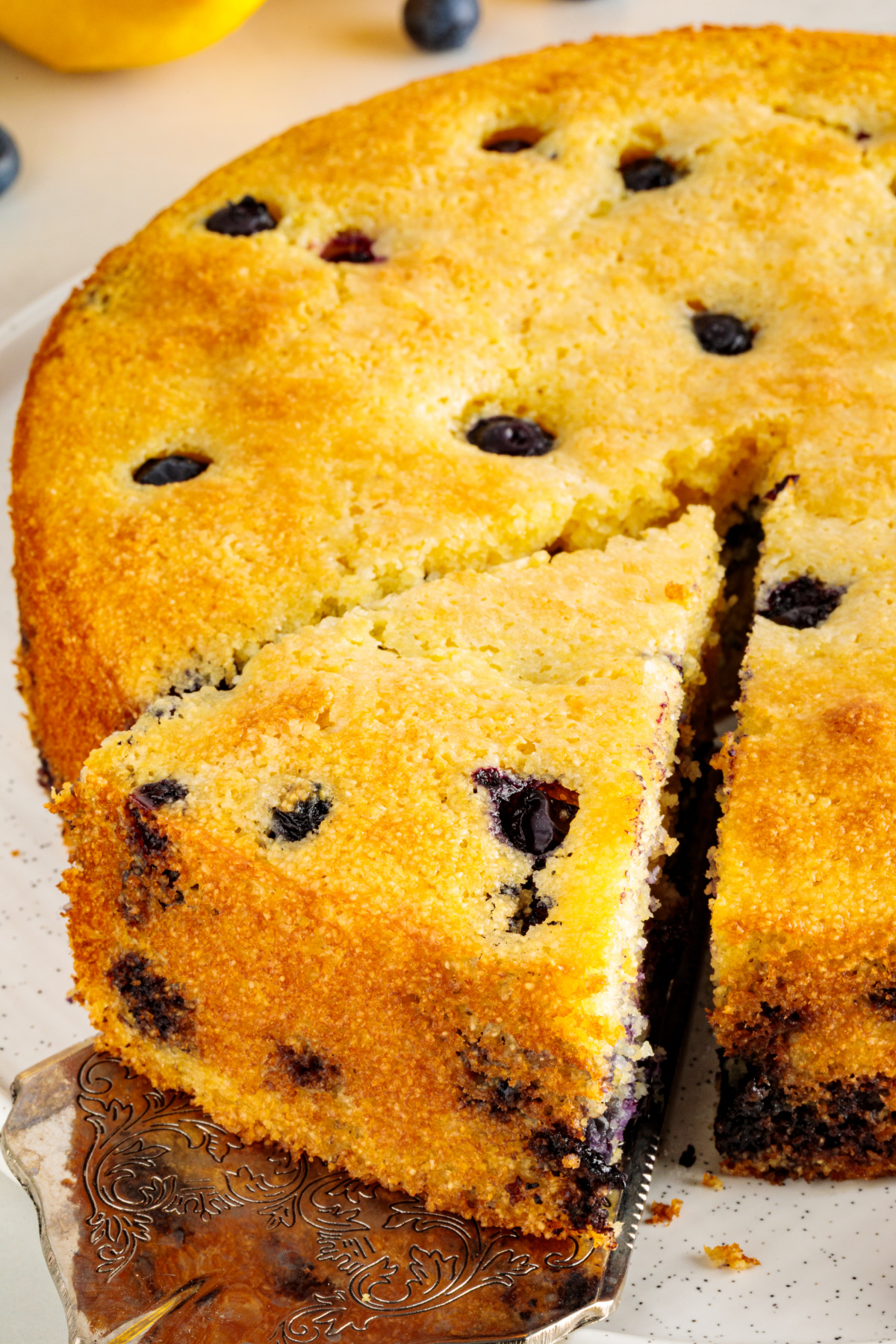 Serving a warm slice of lemon blueberry cornbread with a tender crumb and fresh blueberries throughout. Serving a slice of lemon blueberry cornbread, showing the golden crust and blueberries throughout the crumb.