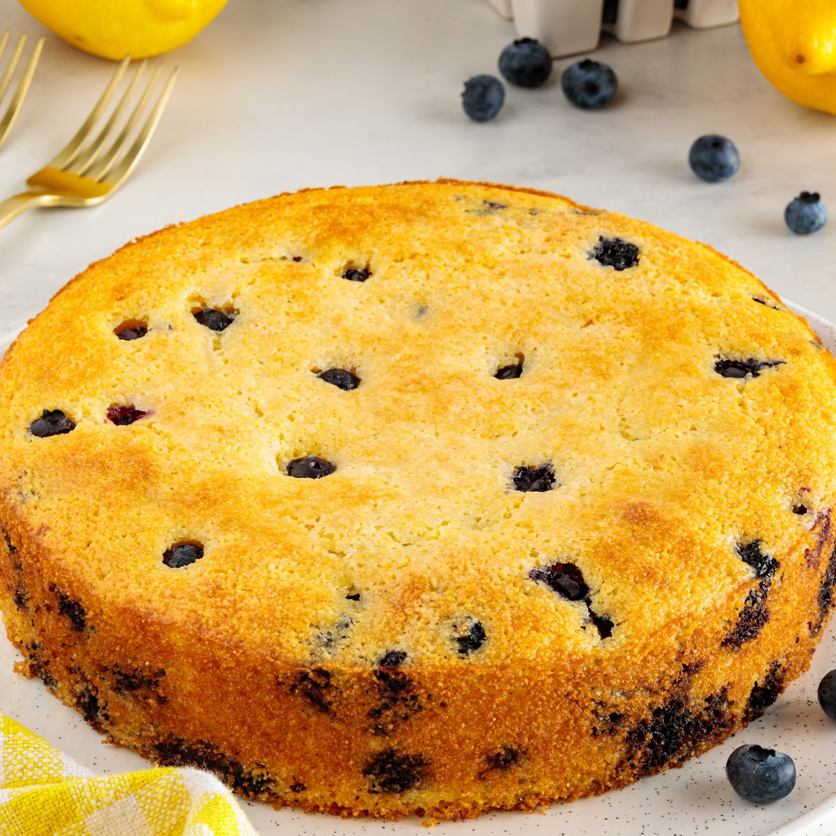 Lemon blueberry cornbread baked until golden brown with fresh blueberries throughout.